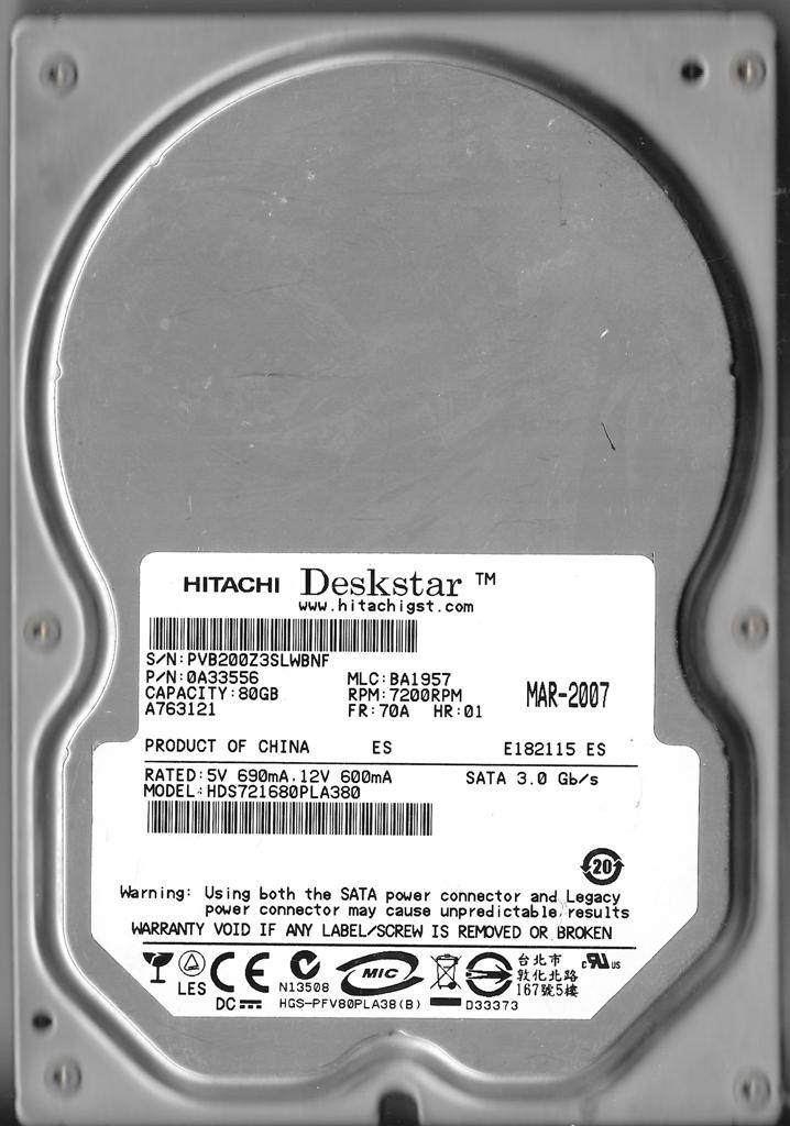 HITACHI HDS721680PLA380 80GB SATA HARD DRIVE P/N: 0A33556 MLC: BA1957 FR: 70A