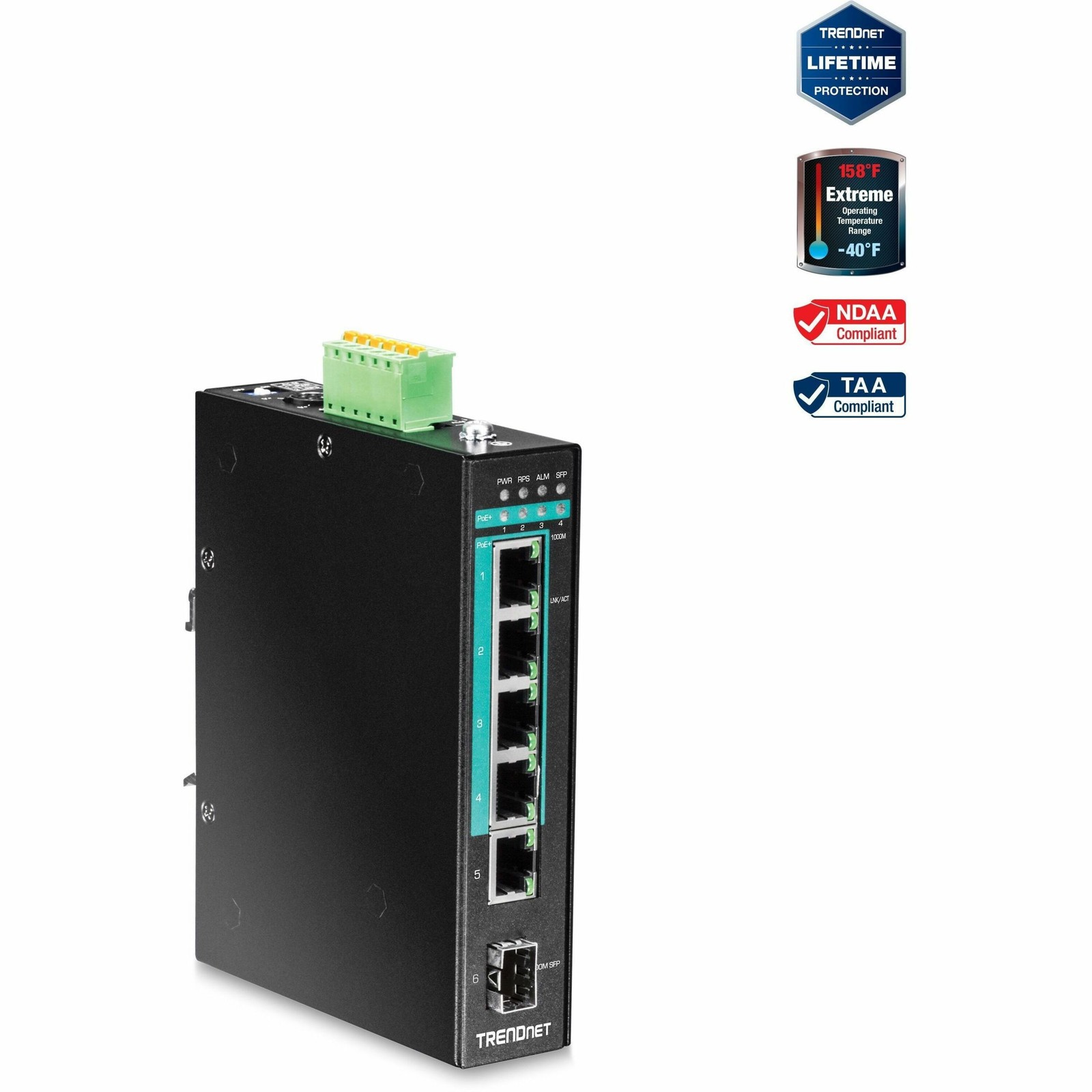 Trendnet TIPG541 5-Port Industrial Gigabit PoE+ DIN-Rail Switch