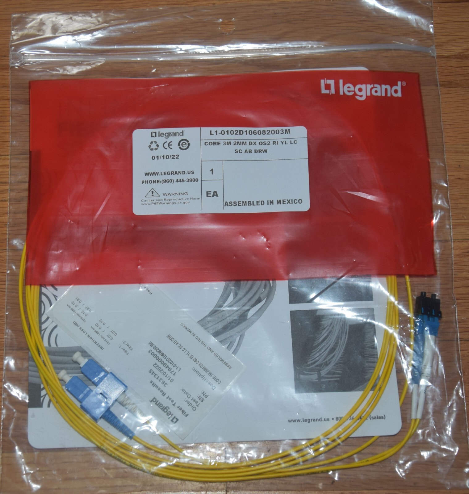 Lot of 5 Legrand 3M LC to SC Duplex 2mm OS2 Single Mode Fiber Cable LC/SC NIB