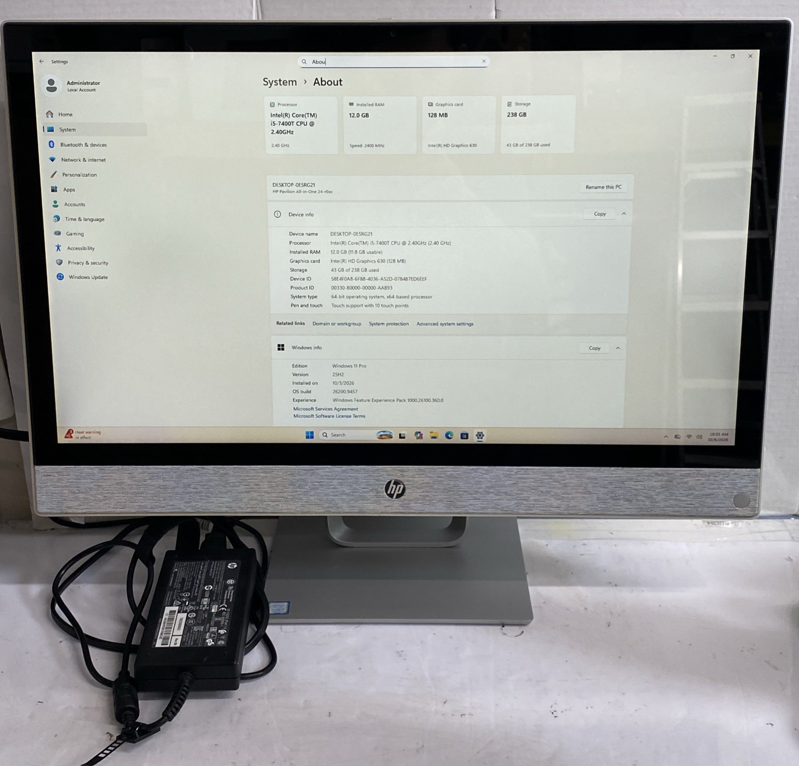 HP Pavilion All-in-One 24-r0xx Core i5-7400T 2.40GHz 12GB RAM 256GB SSD