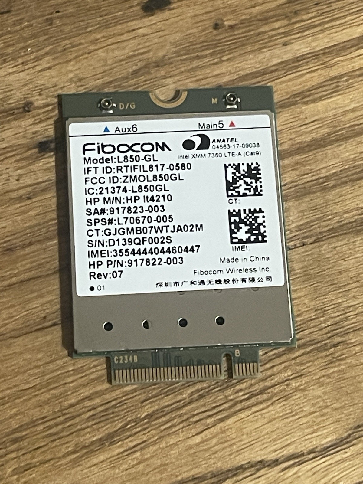 HP Lt4210 WWAN Fibocom L850-GL w/GPS LTE/HSPA+ M.2 XMM 7360 LTE