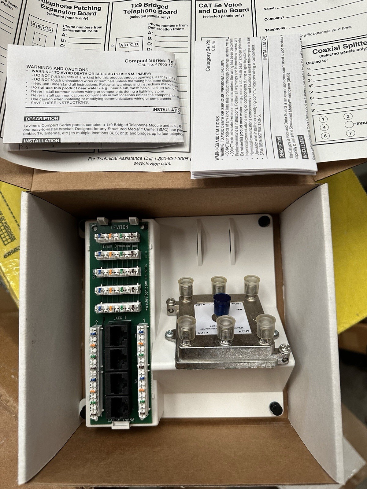 NEW. Leviton 47603-DP6  Compact 1x4 Bridged Telephone, 4 Data & 6-Way TV Panel