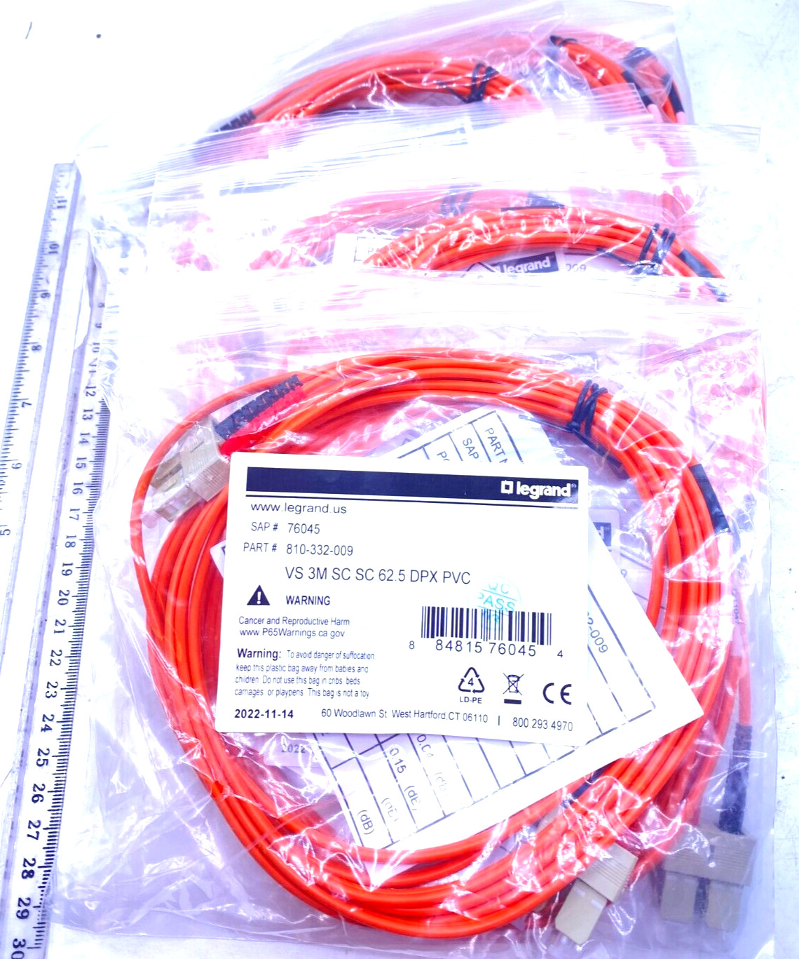 Legrand Quiktron Lot of 10 Fiber Optic Cable Orge 3M SC SC 62.5 DPX 810-332-009