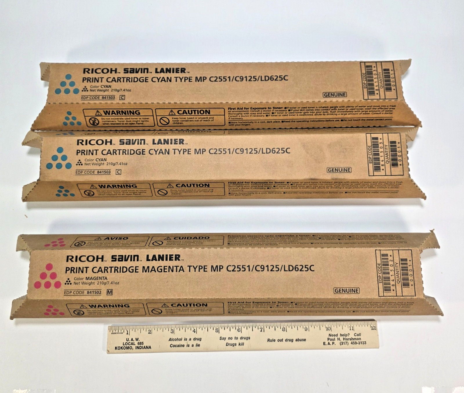 Lot of 3 Genuine Ricoh MP C2551 Toner 2 Cyan 841503 1 Magenta 841502