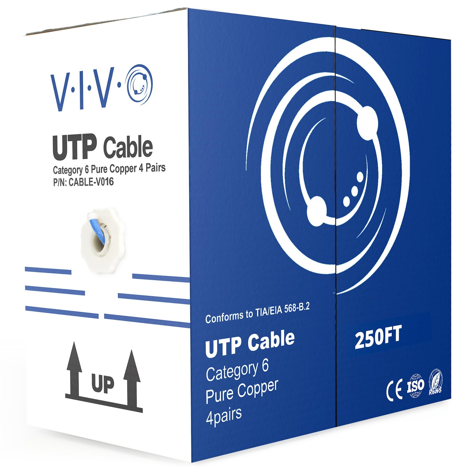 250ft Cat6 Ethernet Cable, Full Copper, 23 AWG UTP, LAN Network, Blue, Pull Box