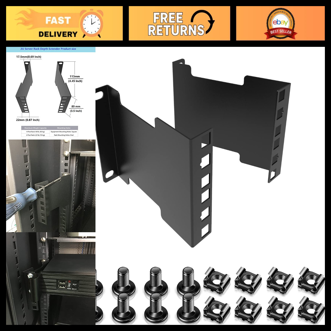 2U Server Rack Depth Extender - 4" Deep Adjustable Mounting Bracket for Equipmen