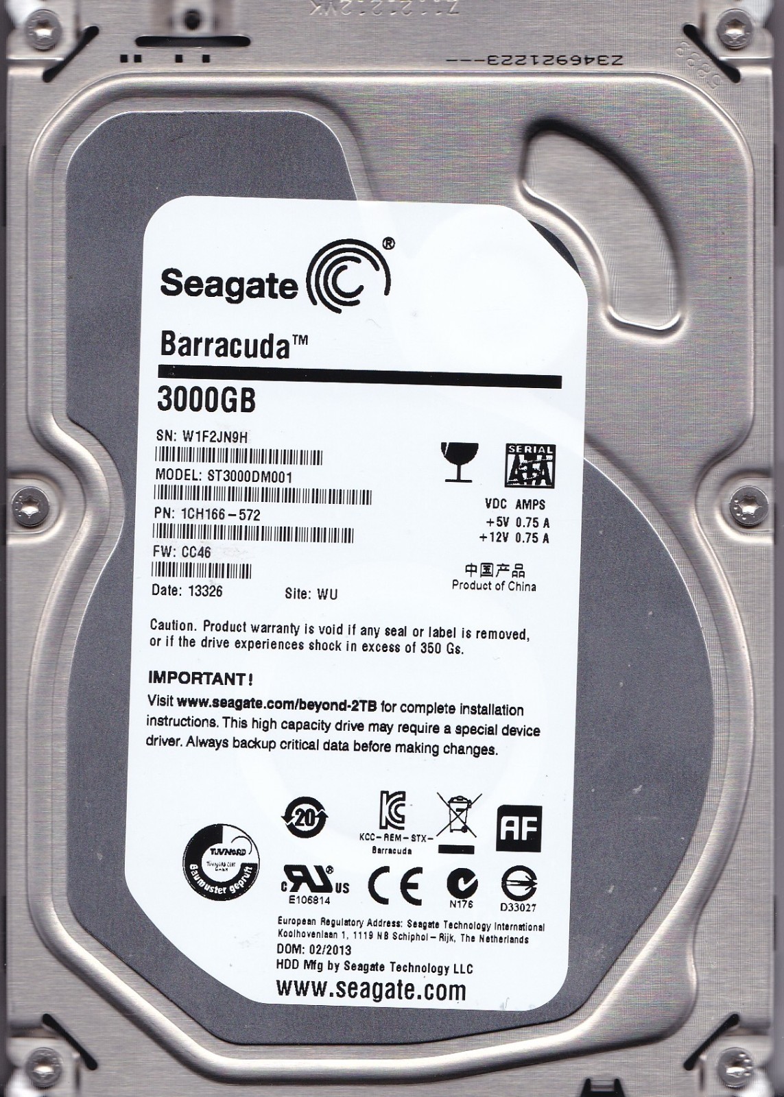 ST3000DM001 p/n: 1CH166-572 s/n: W1F2 f/w: CC4 WU 02/2013 3TB SATA 3.5"  SEAGATE