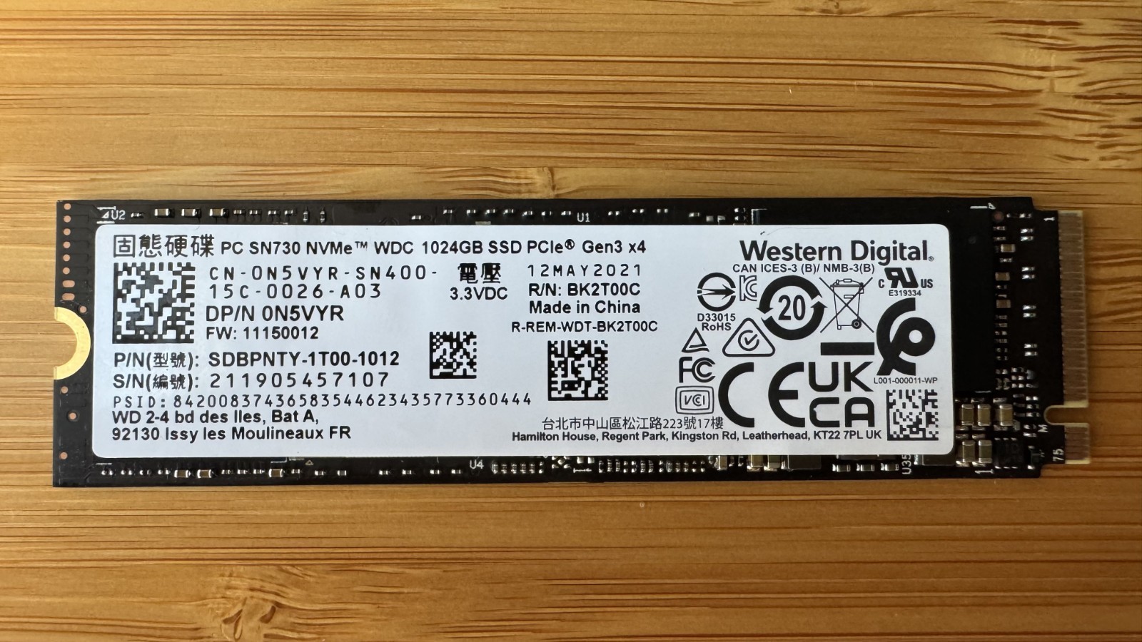 Western Digital 1TB SSD, PC SN730 NVMe PCIe Gen3 x4 M.2 2280 SDBPNTY-1T00 WD