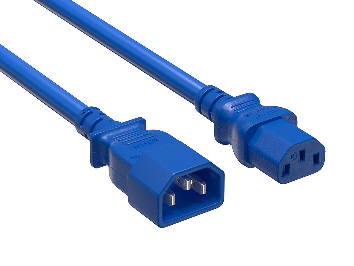 3ft IEC C14 to IEC C13 Heavy Duty PDU Power Cord, 14 AWG SJT, 15A/250V, Blue