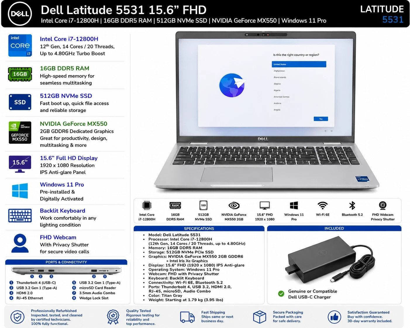 Dell Latitude 5531 15.6" FHD i7-12800H 16GB 512GB MX550 Win11 Pro