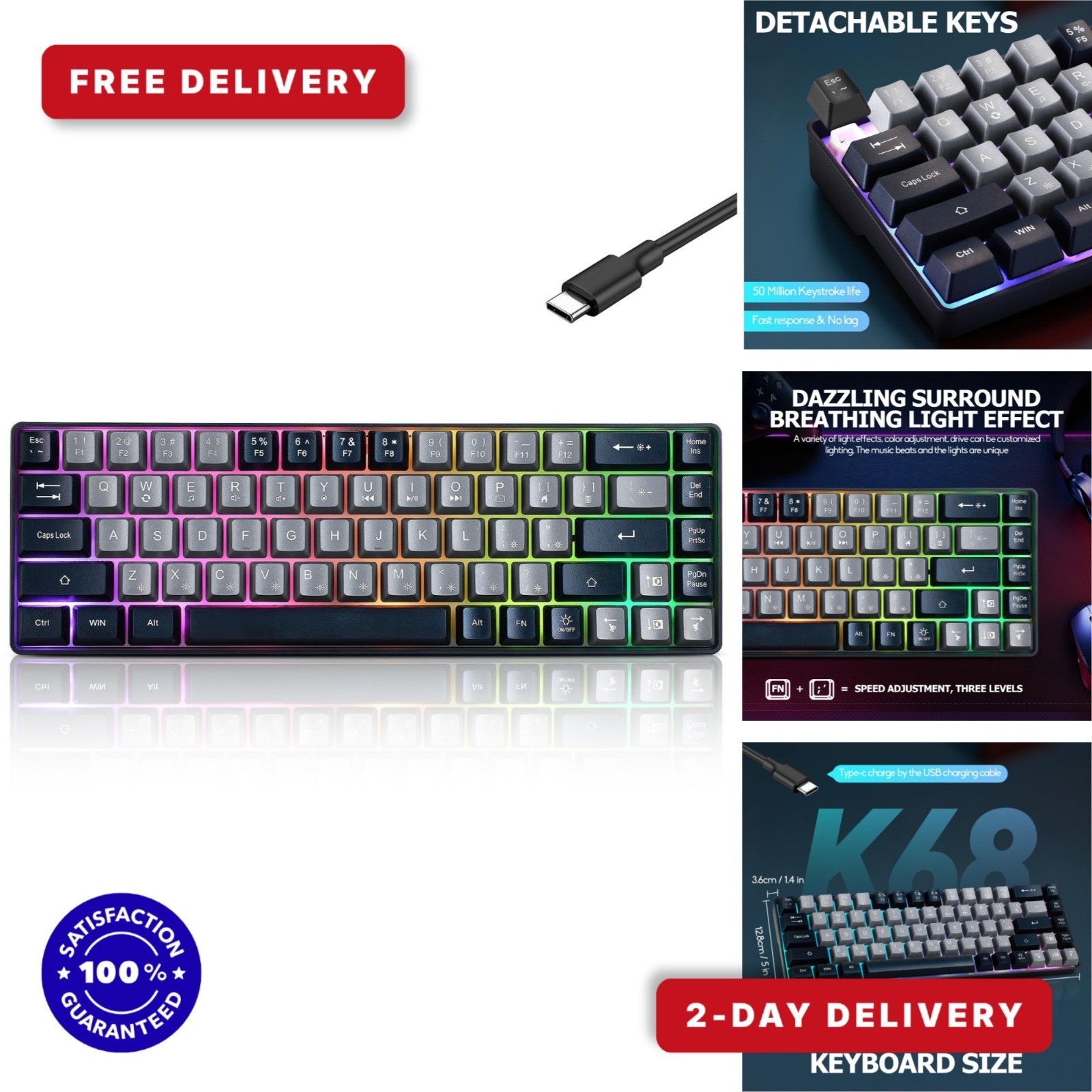 Guiheng 60% Mechanical Gaming Keyboard RGB Wired 68-Key USB Gray Black