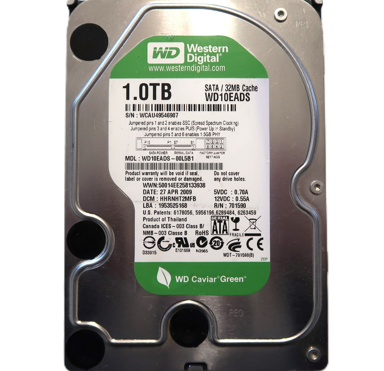 WD WD10EADS-00L5B1 HHRNHT2MFB (WCAU) Thailand 1TB 3.5" Sata HDD APR/2009