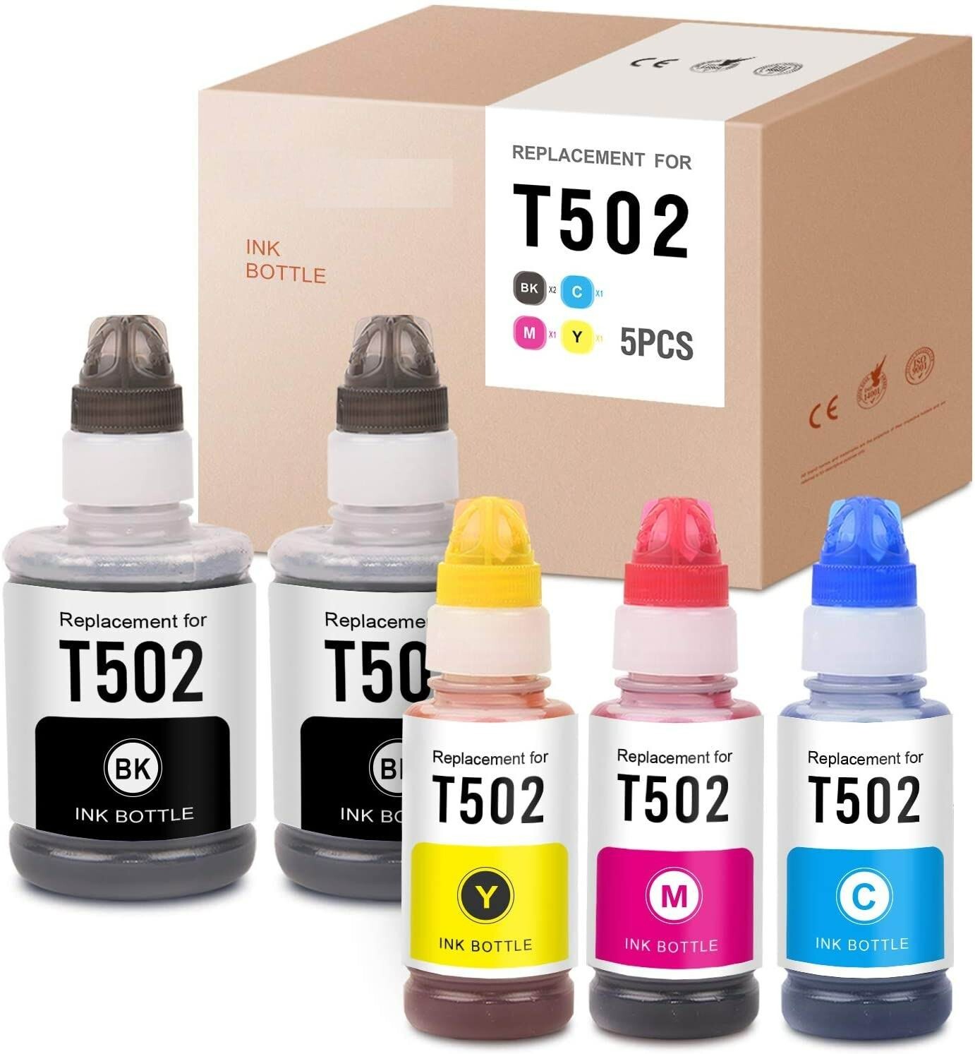 Ink Bottle Fit for Epson EcoTank ET-4760 ET-2760 ET-2750 ET-3750 T502 -5 Pack