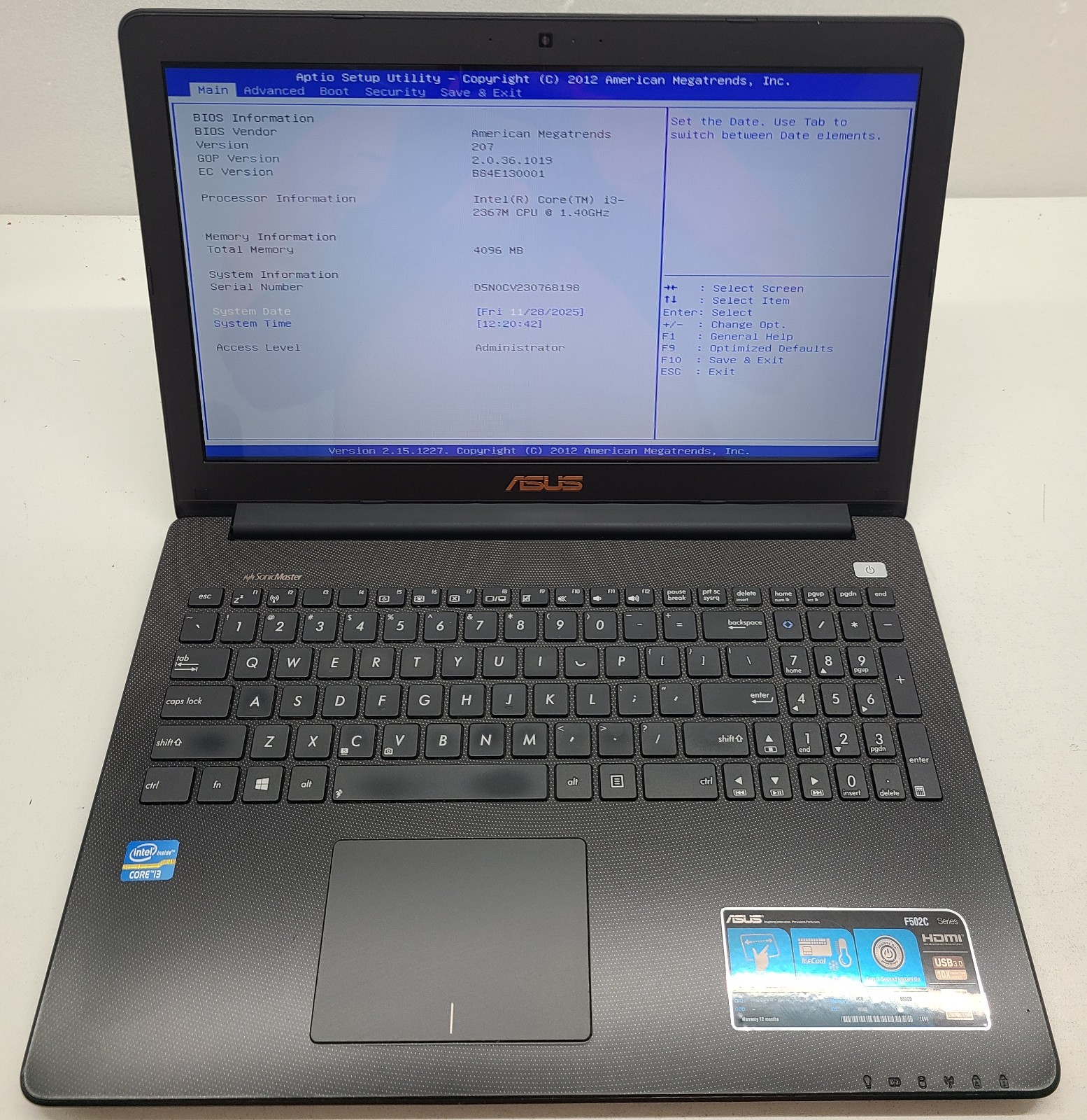 ASUS F502C Laptop Intel i3-2367M 4GB Ram NO HD/OS (FL)