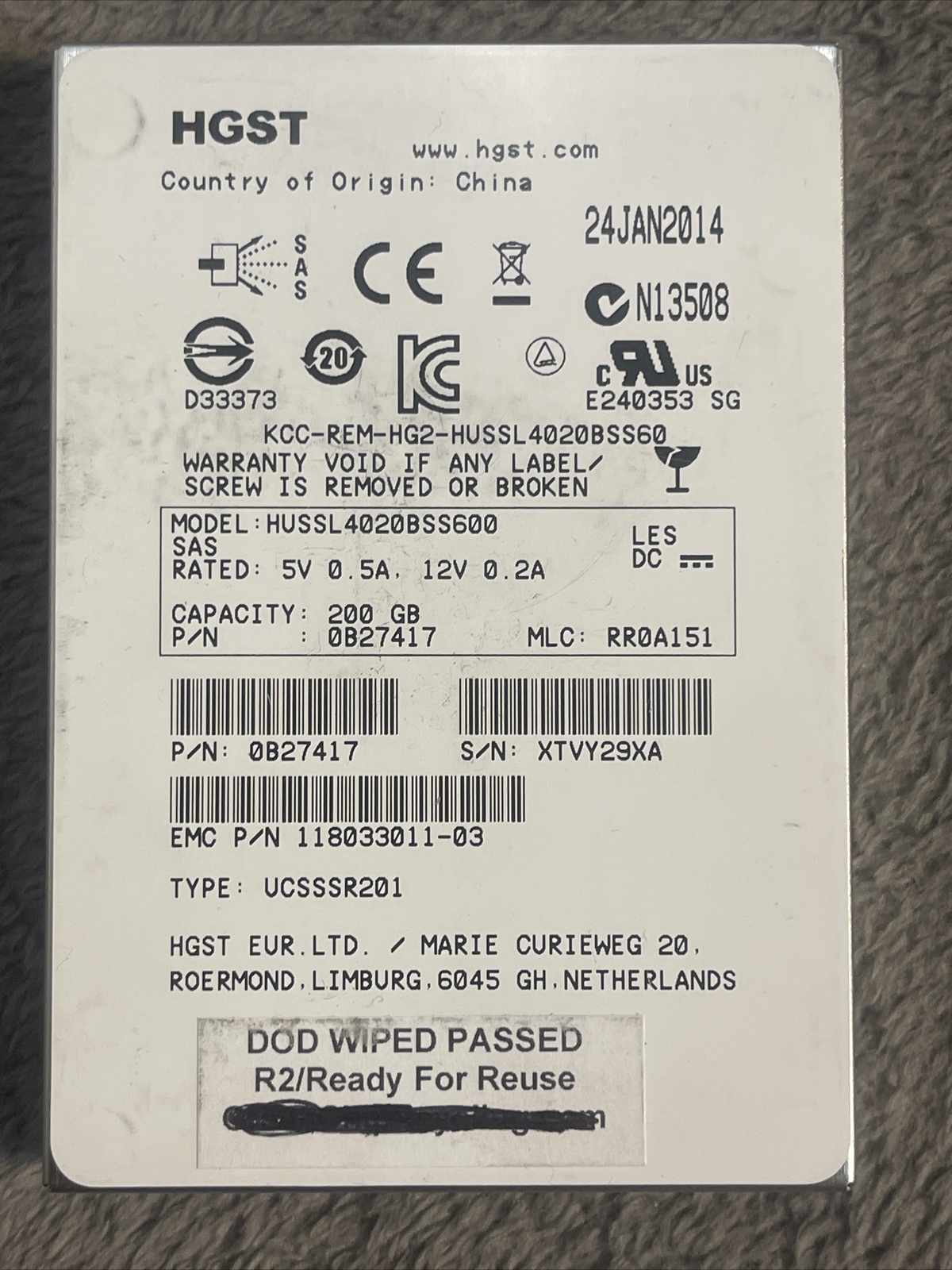 HGST HUSSL4020BSS600 200GB 2.5" 6Gb/s SAS Solid State Drive EMC P/N:118033011-03