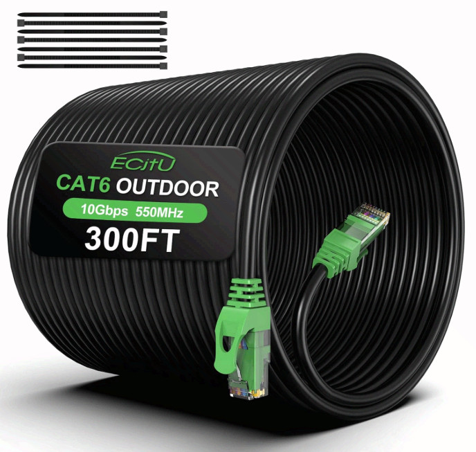 300FT Cat6 Outdoor Ethernet Cable, Direct Burial, Heavy Duty, PoE, 25 Ties