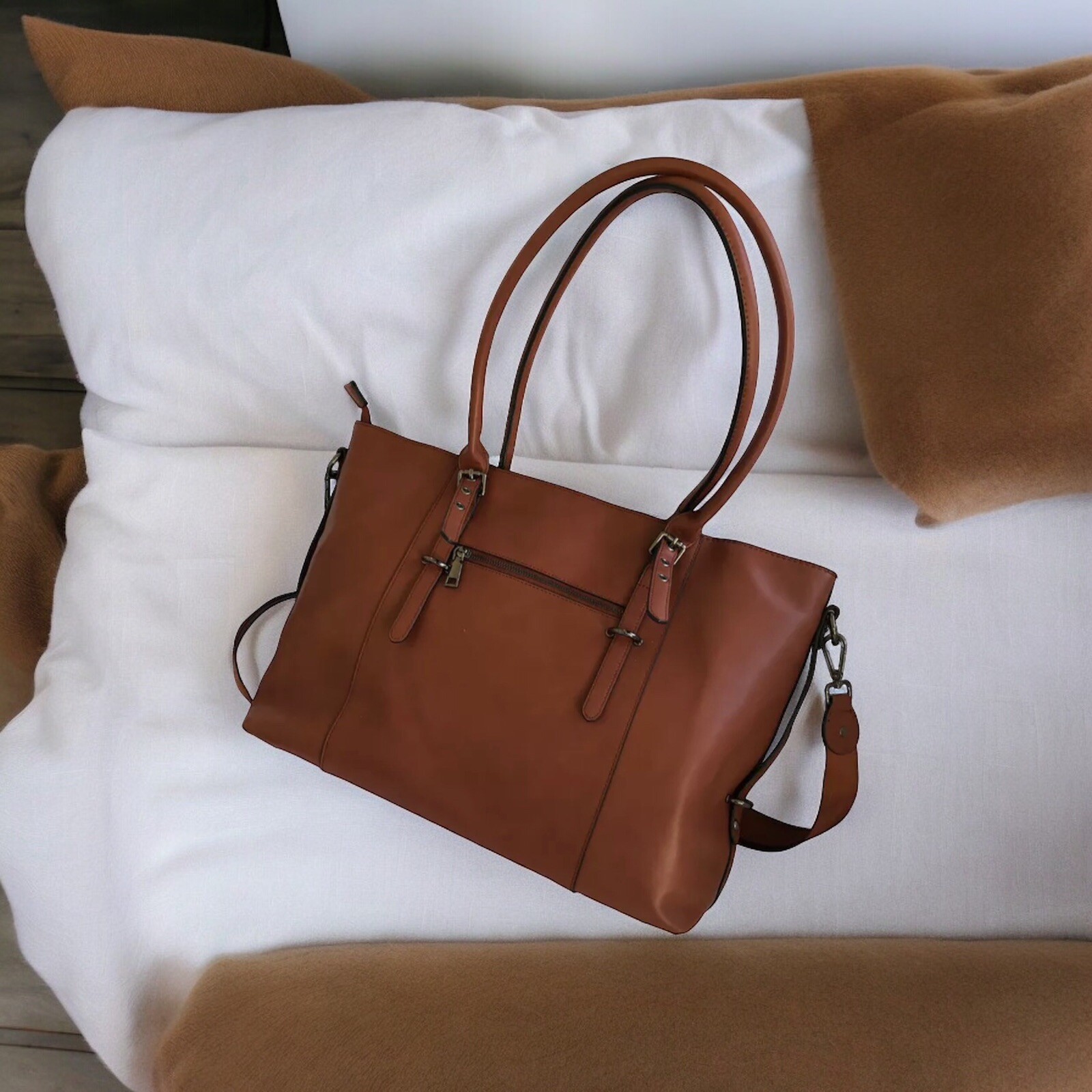 MOSISO Leather Laptop Tote Bag for Women (Up to 15.6 inch) Brown