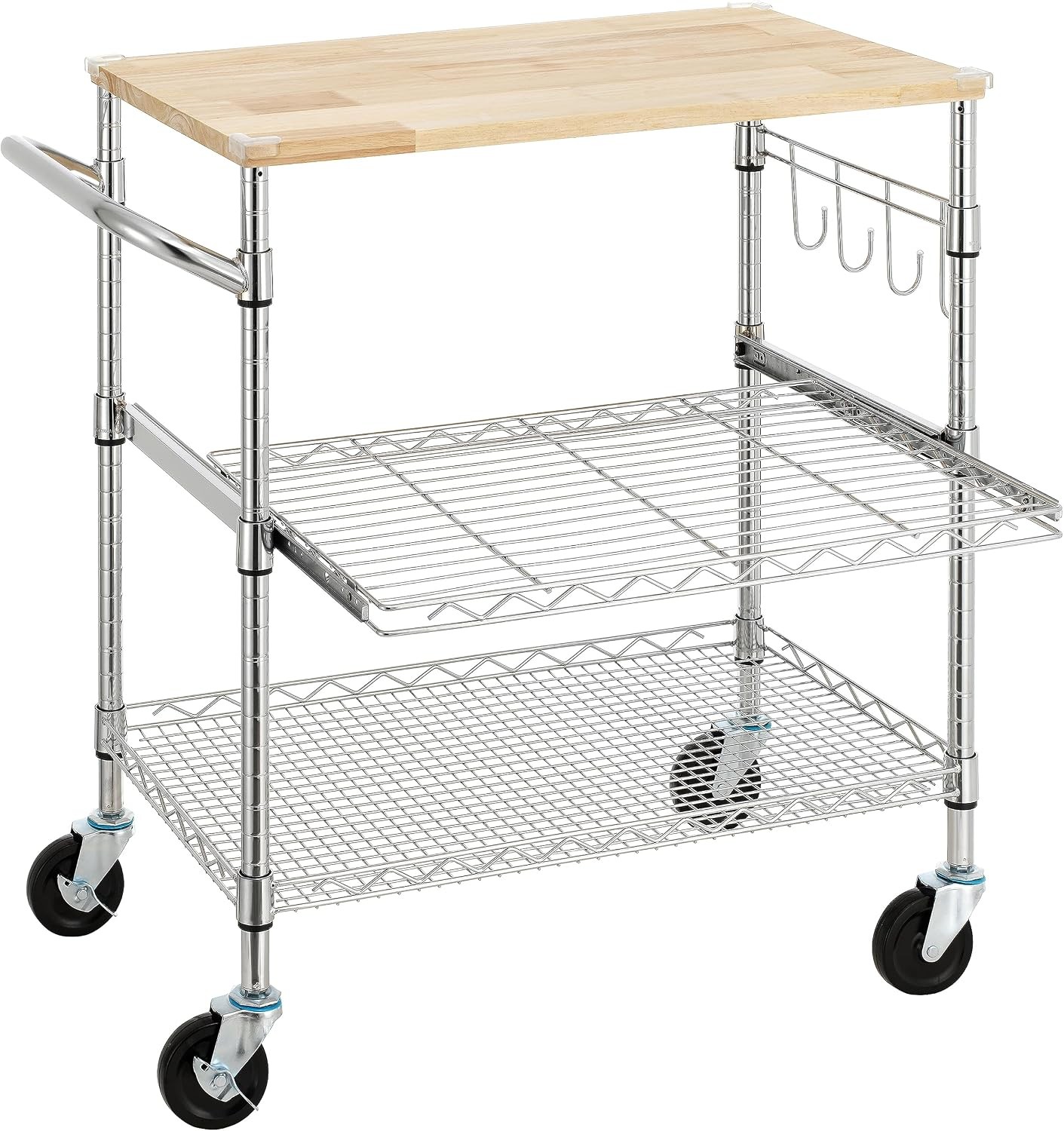 3-Tier Rolling Kitchen Cart With 18" D x 30" W Oak Wood Tabletop
