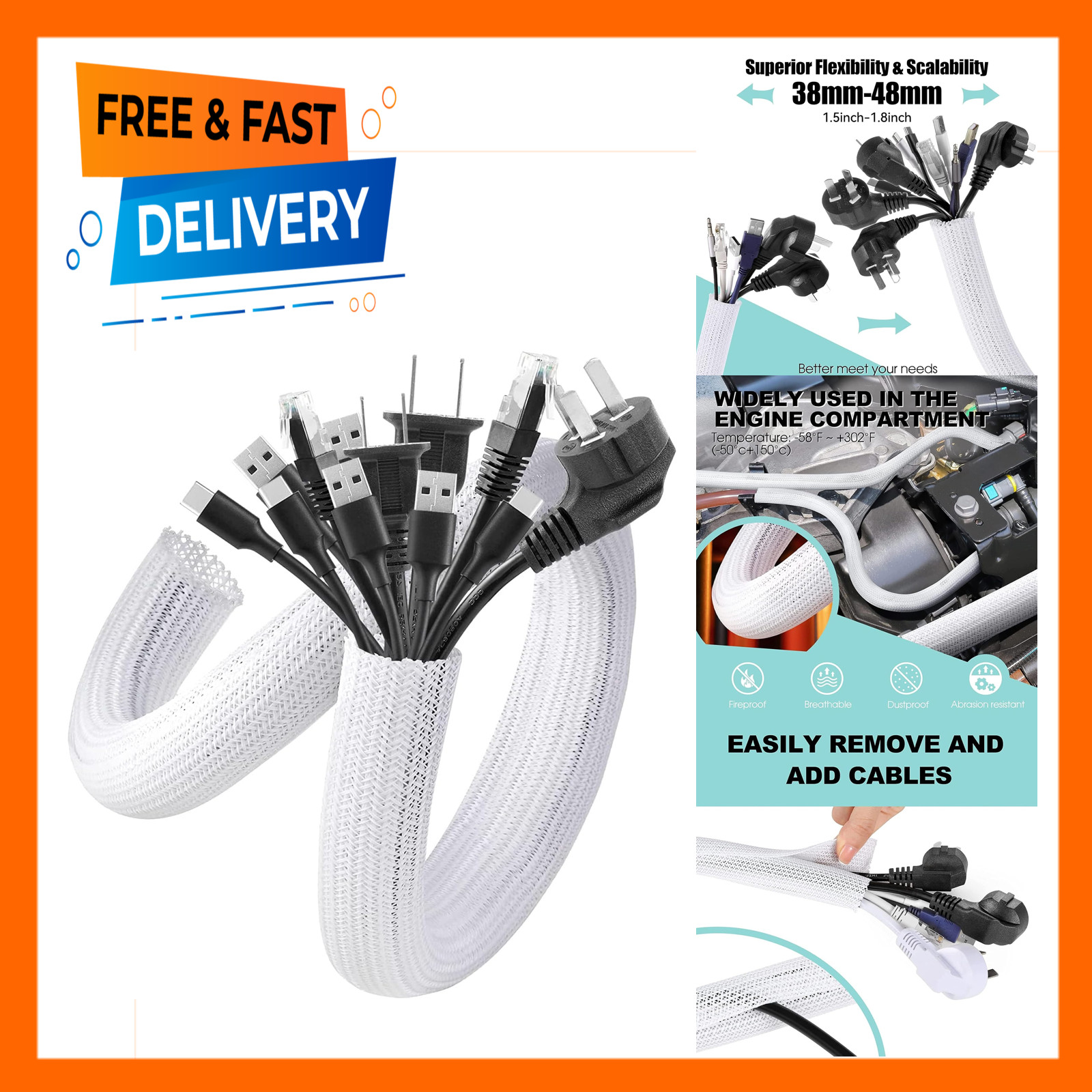 Cable Management Sleeve 2 Pack 5ft White Cord Hider Pet Safe Easy to Cut