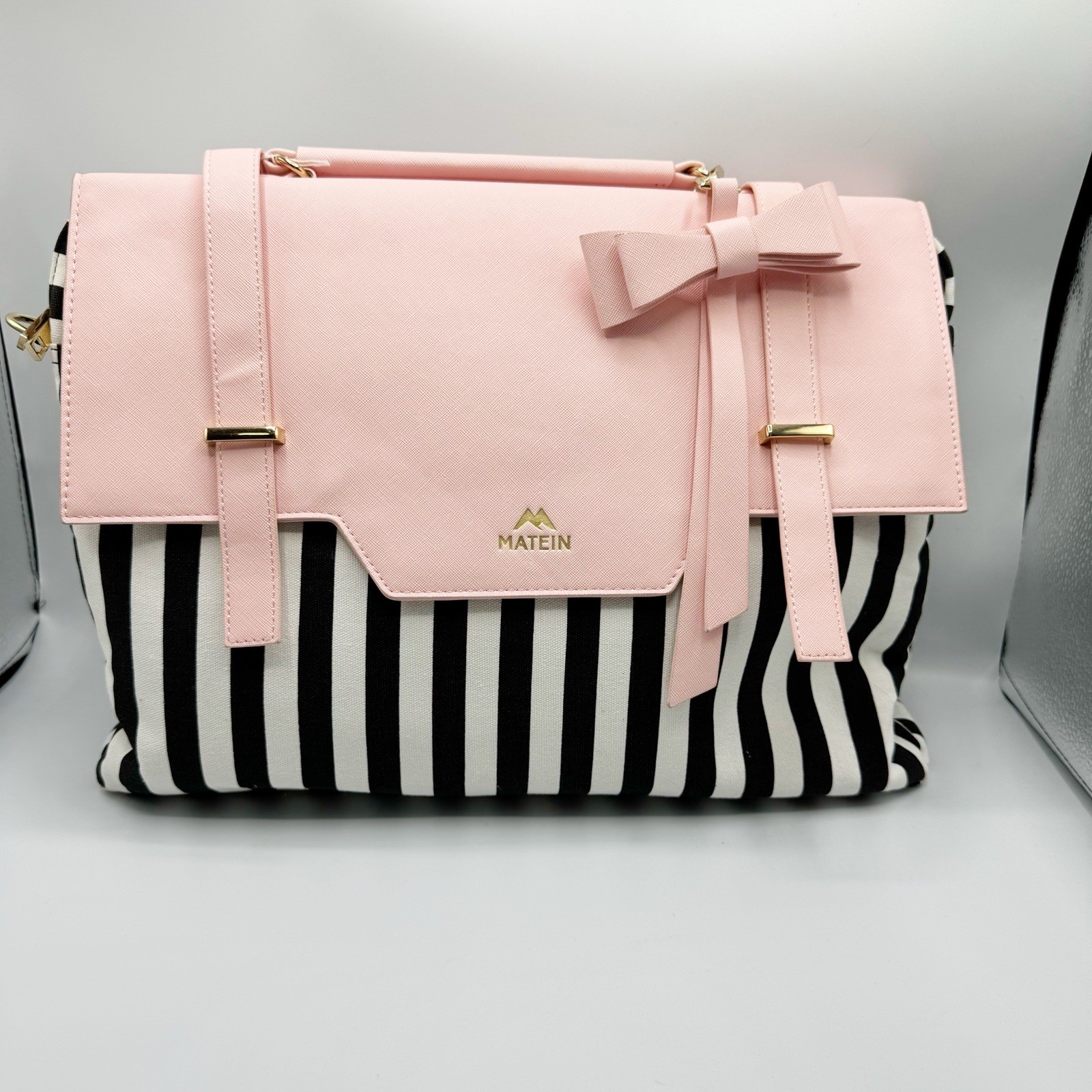 Matein 17 Laptop Bag Pink Black White Striped Padded RFID Bow Charm Lightweight