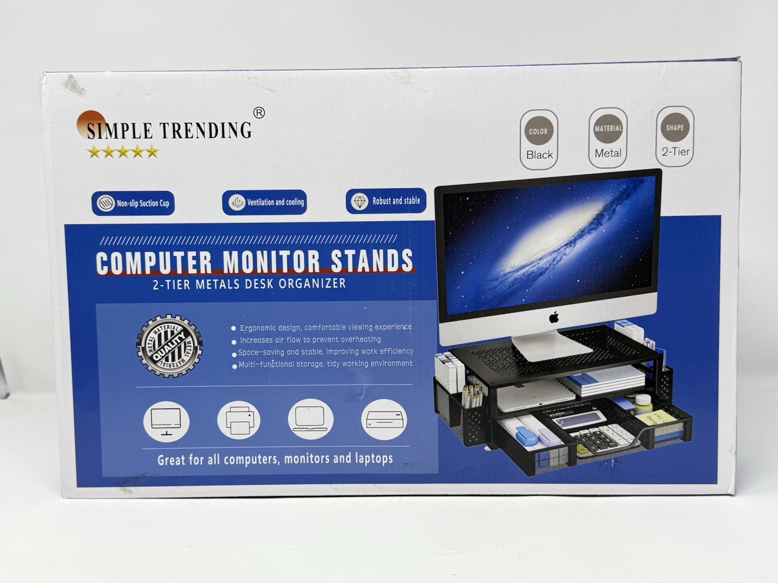Simple Trending NEW 2 Tier Monitor Stand Riser Computer Desk Organizer w/ Drawer