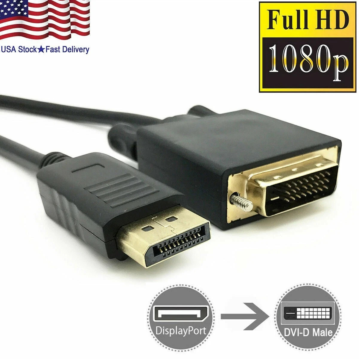 6/10/15 Ft Gold Plated DP DisplayPort to DVI-D Male Dual Link Cable 4k 1080P LOT