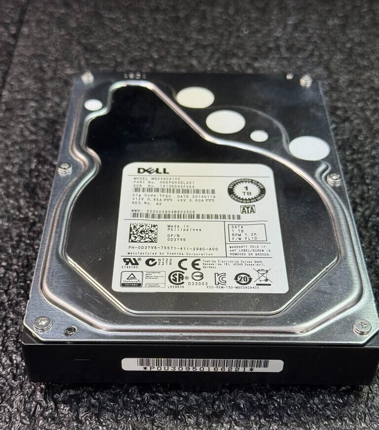 Dell D3YV6 MG03ACA100 1TB 7.2K RPM 64MB Cache 6Gb/s SATA 3.5" HDD