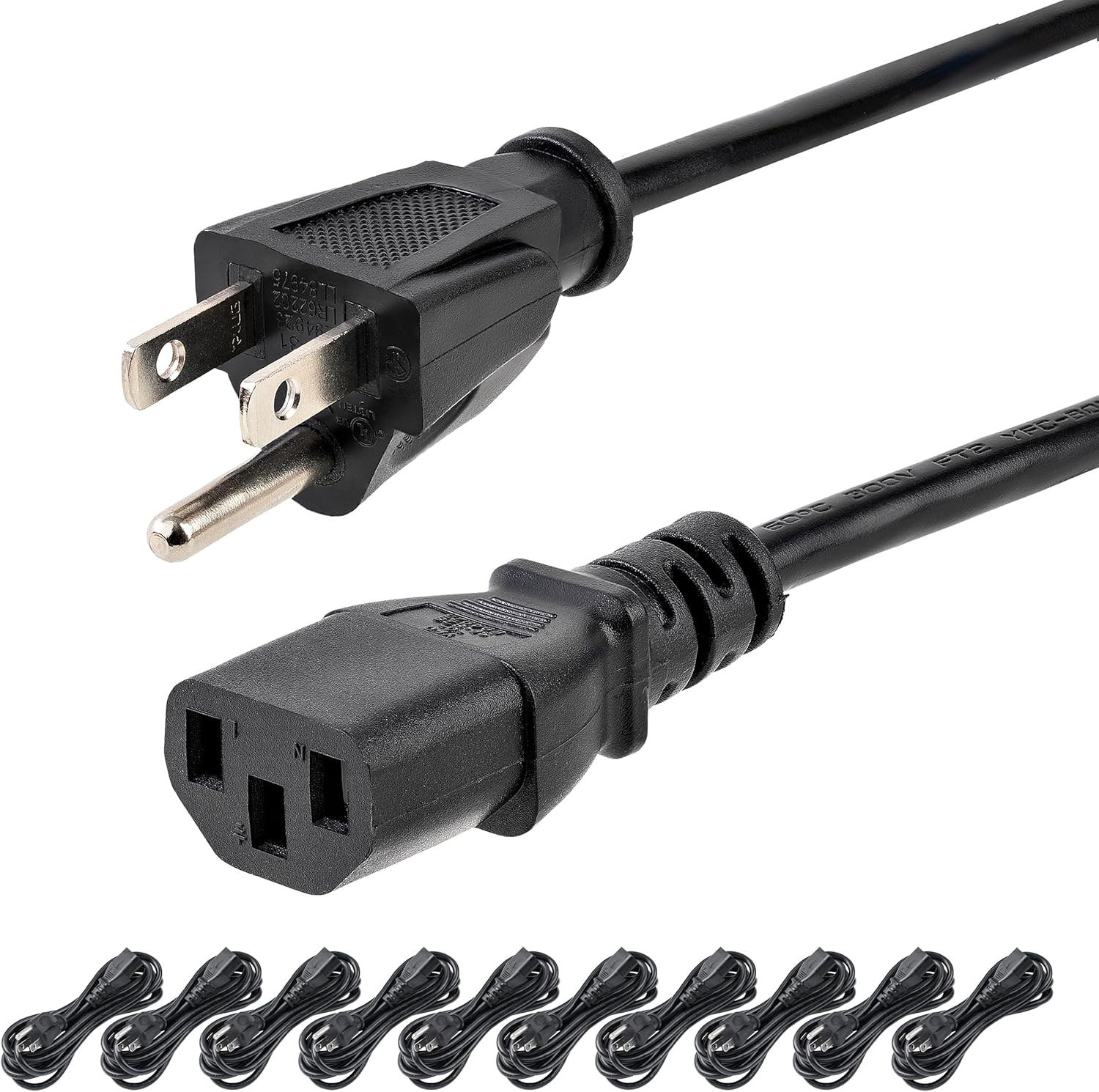 10Ft (3M) Computer Power Cord, NEMA 5-15P to C13, 10A 125V, 18AWG, 10 Pack, Blac