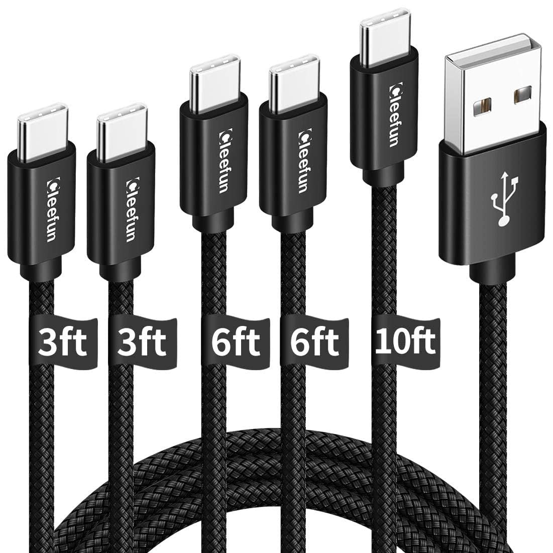 CLEEFUN USB C Cable, to C [5 Pack, 3ft+3ft+6ft+6ft+10ft, Black 