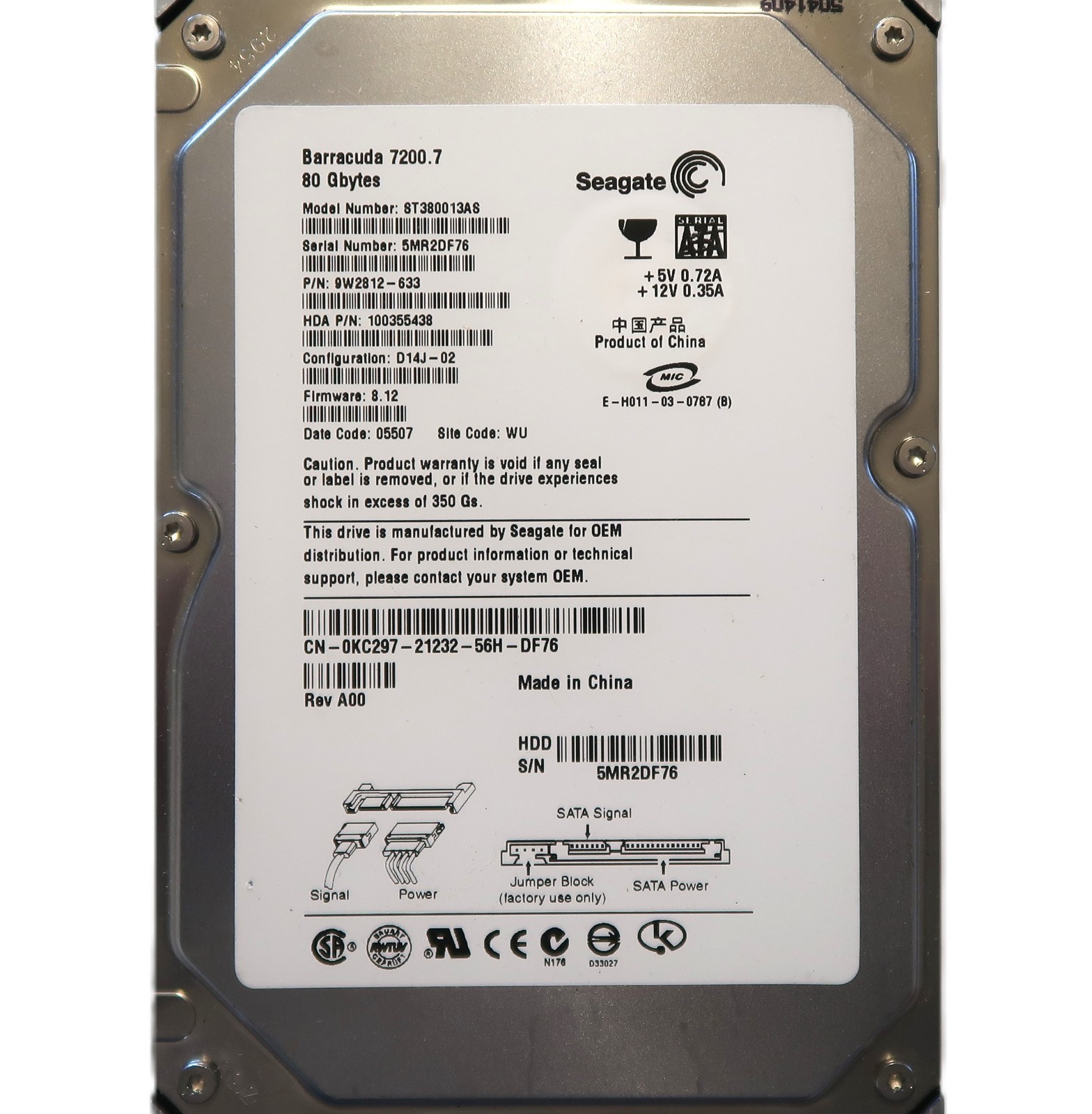 Seagate ST380013AS 9W2812-633 8.12 (5MR) WU China 80gb 3.5" Sata HDD JUN/2005