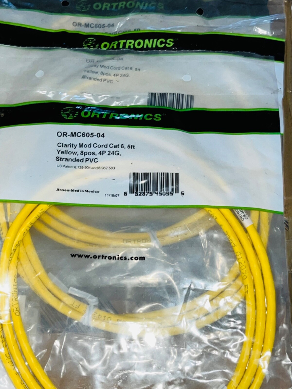 (3) Ortronics, OR- MC605-04, Clarity CAT6 Mod Cord.  5ft, Yellow, 8pos.