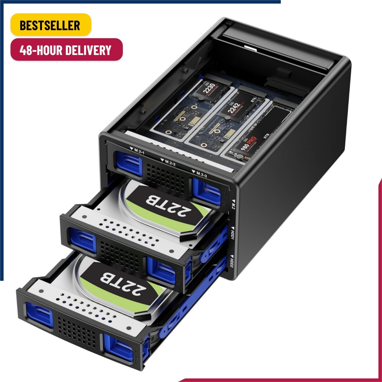 CENMATE Hybrid 2*2.5/3.5" SATA HDD/SSD+3* M / B+M Key M.2 NVMe Enclosure with Co