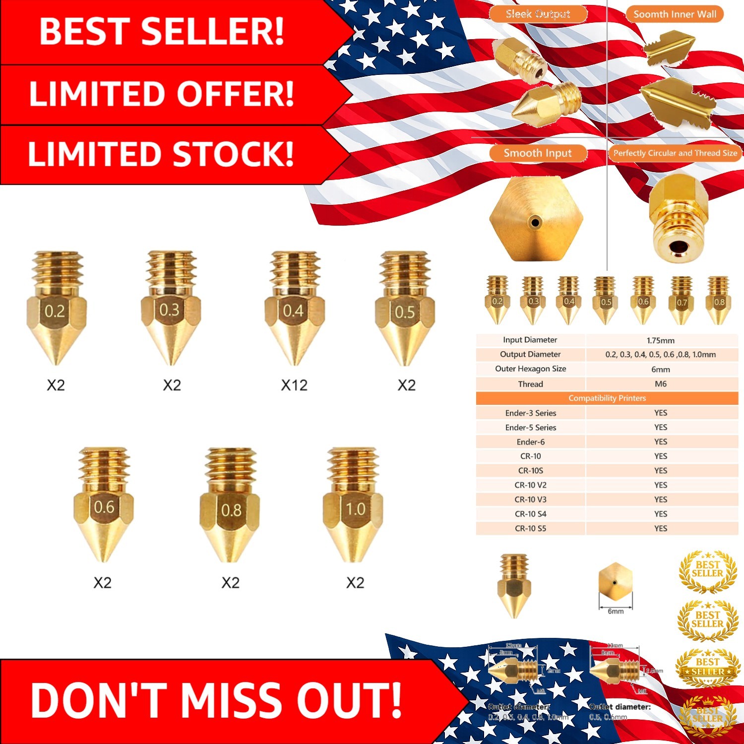 24-Piece Brass Extruder Nozzle Kit for Precision 3D Printing - Fits MK8 & CR-10