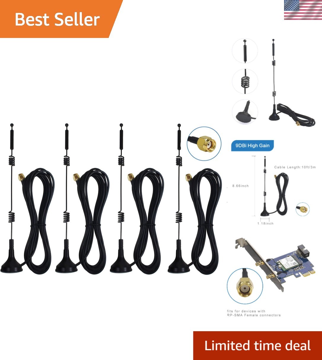 High Performance 9dBi WiFi Antennas - Set of 4, Omni-Directional with RP-SMA