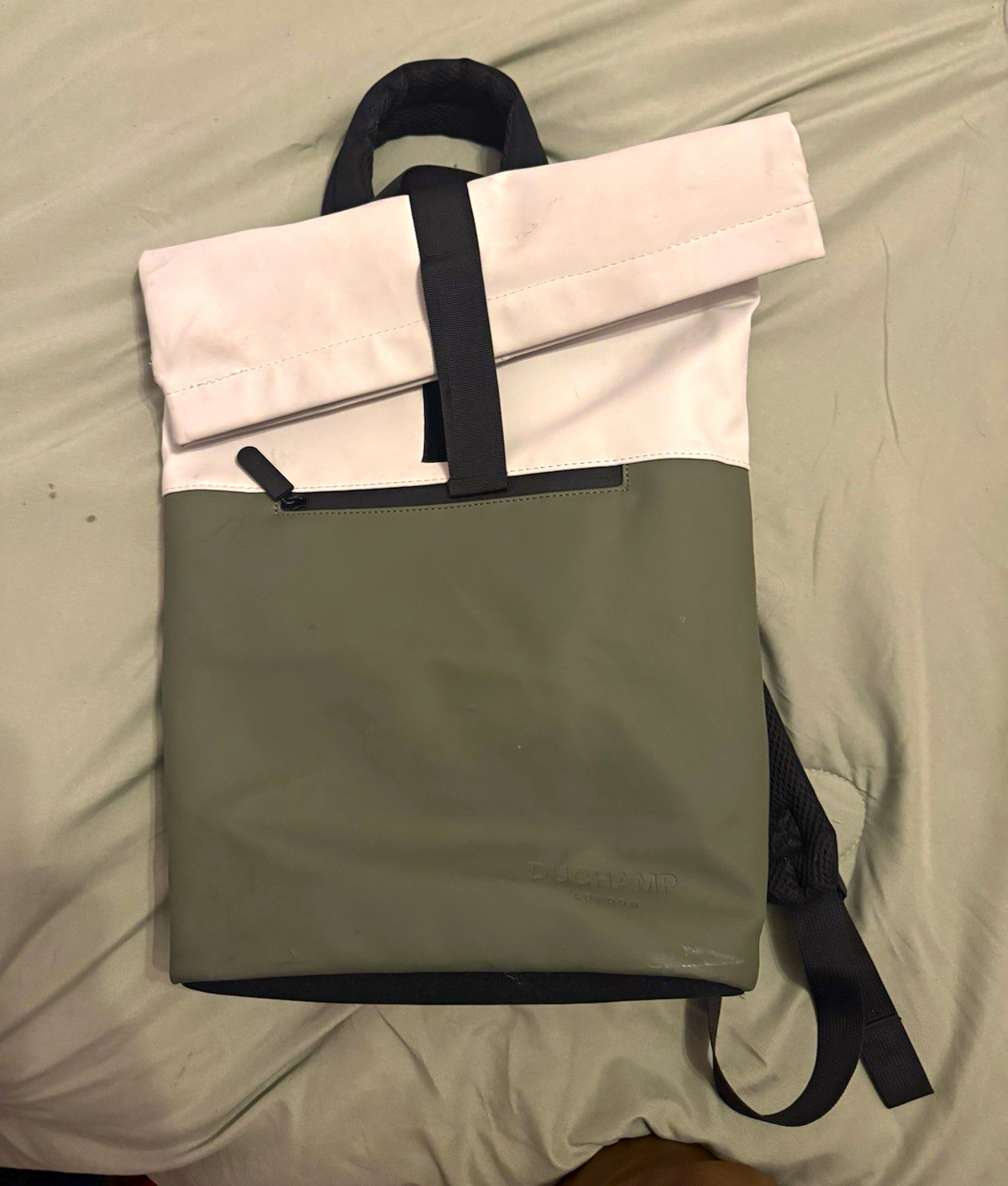 Duchamp London Roll-Top Laptop Backpack Green White Black Adjustable Straps