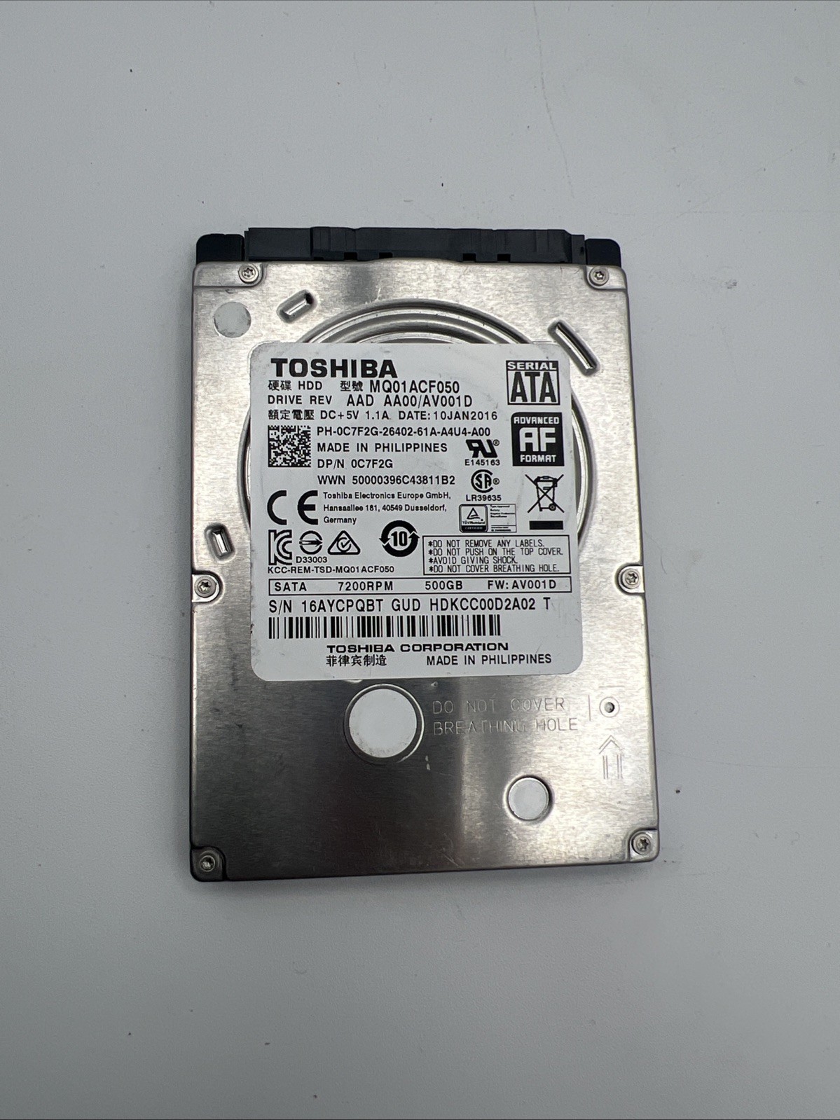 TOSHIBA DELL 500GB 7.2K SATA 2.5   0C7F2G MQ01ACF050 HARD DRIVE