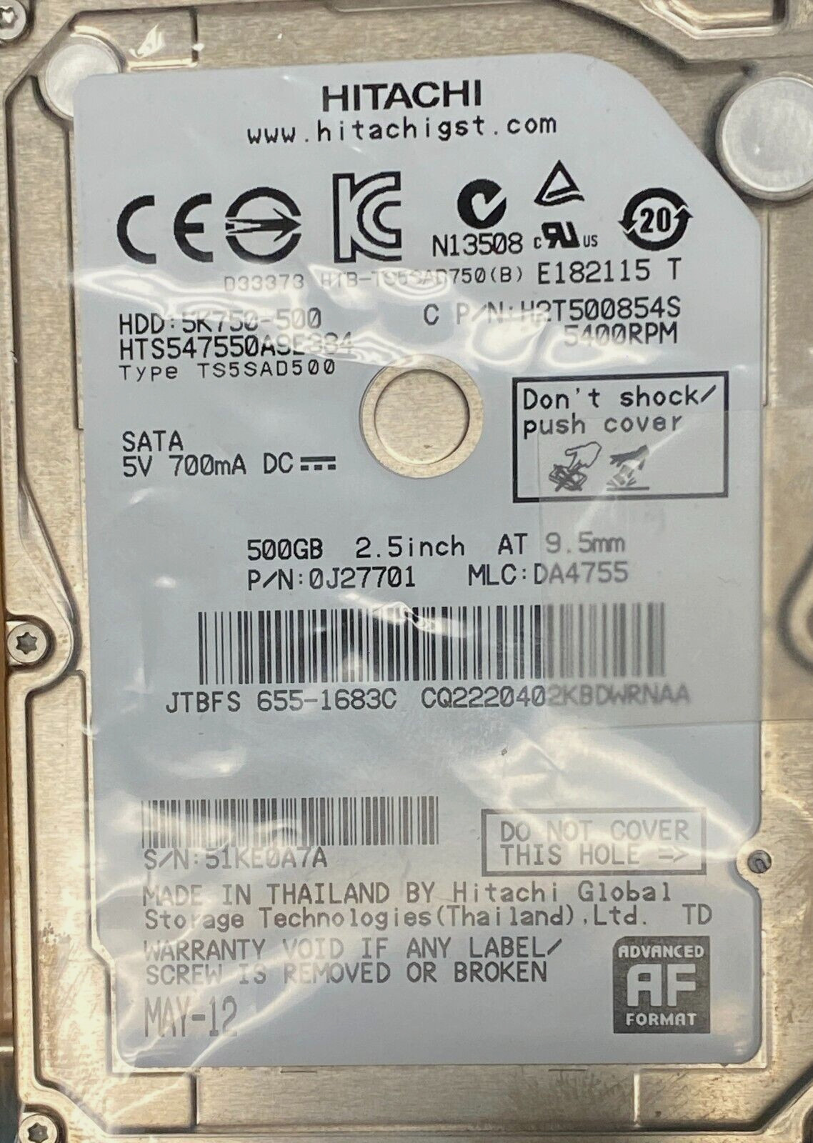 Hitachi Travelstar 5K750 500GB SATA 5400RPM 2.5" HDD HTS547550A9E384 Tested OEM