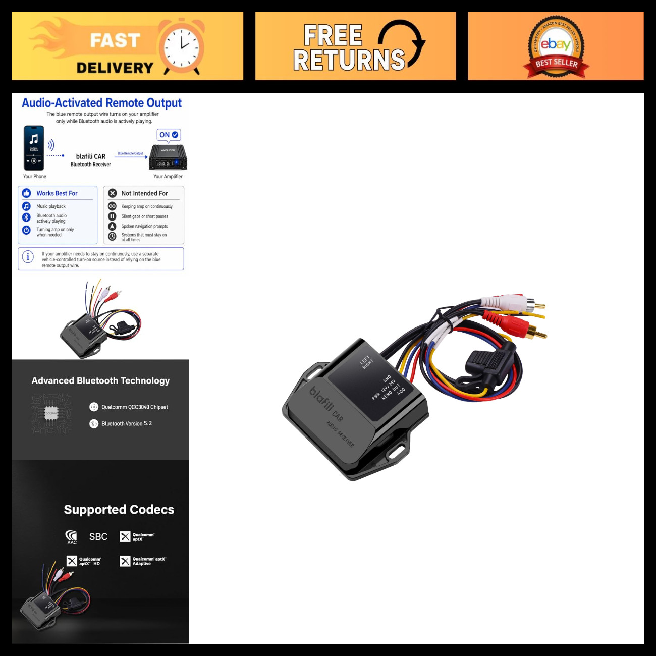 Bluetooth Car Receiver with RCA Output for Auto, Truck & Marine Audio Upgrade