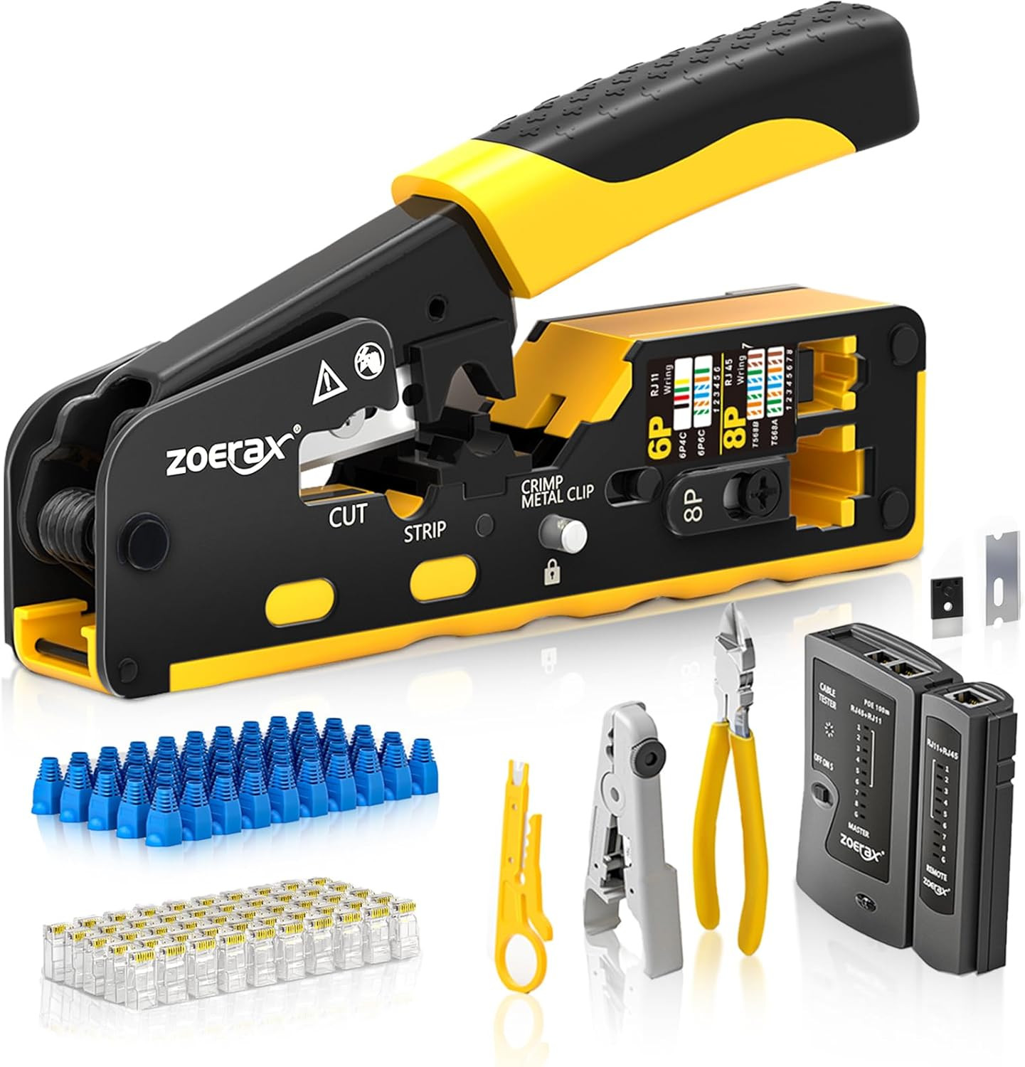Cat7 RJ45 Crimping Tool Kit with Cable Tester, 50PCS Connectors