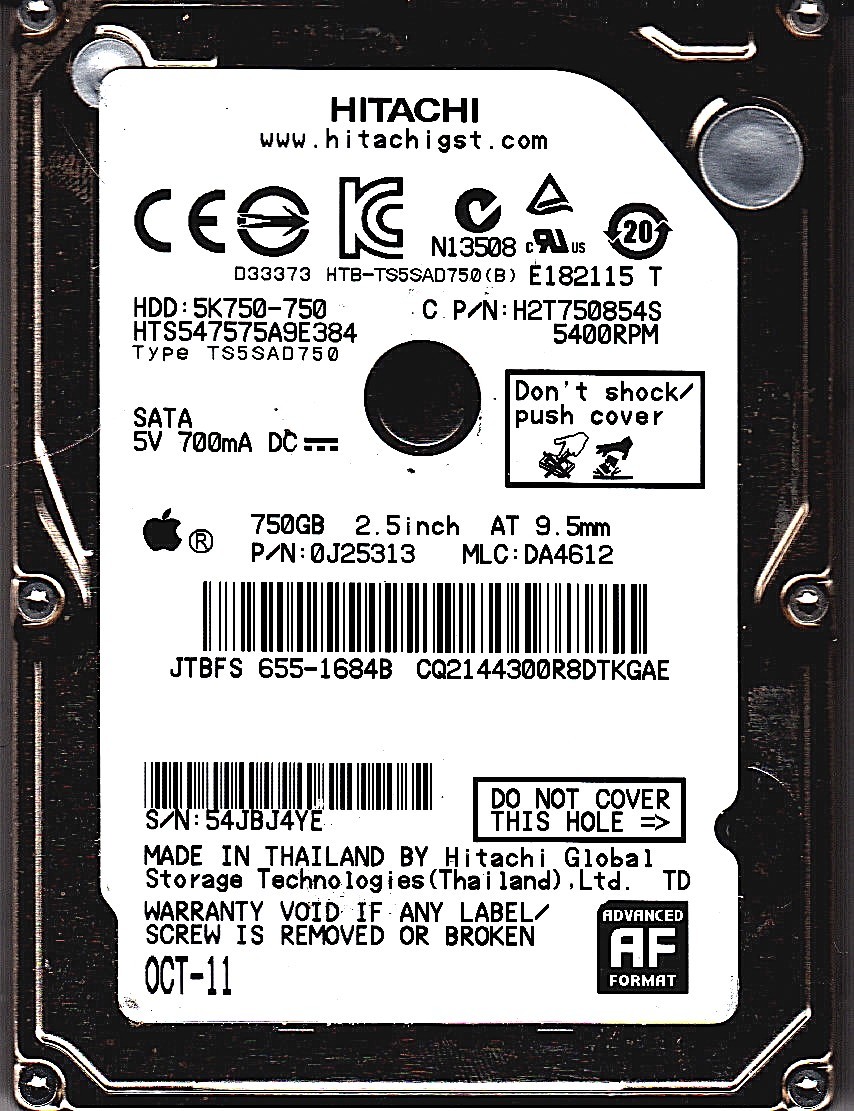 HTS54755A9E384 pn: 0J25313 mlc: DA4612 apple: 655-1684B 750GB 2.5 SATA 7409