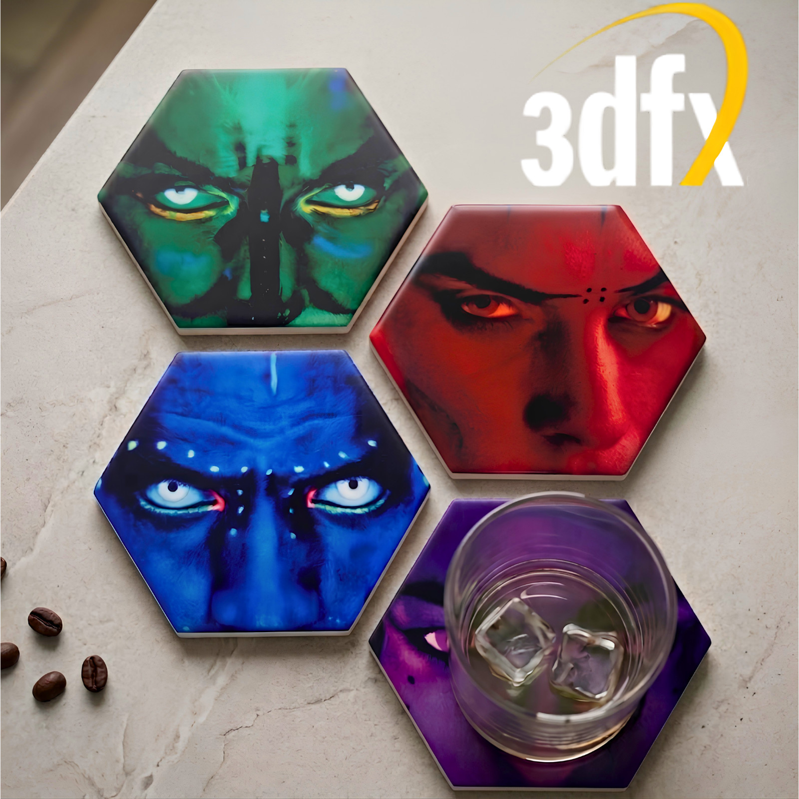 Retro 3dfx Voodoo Hexagon Ceramic Coaster Set (4-Pack) – Glide Era Nostalgia