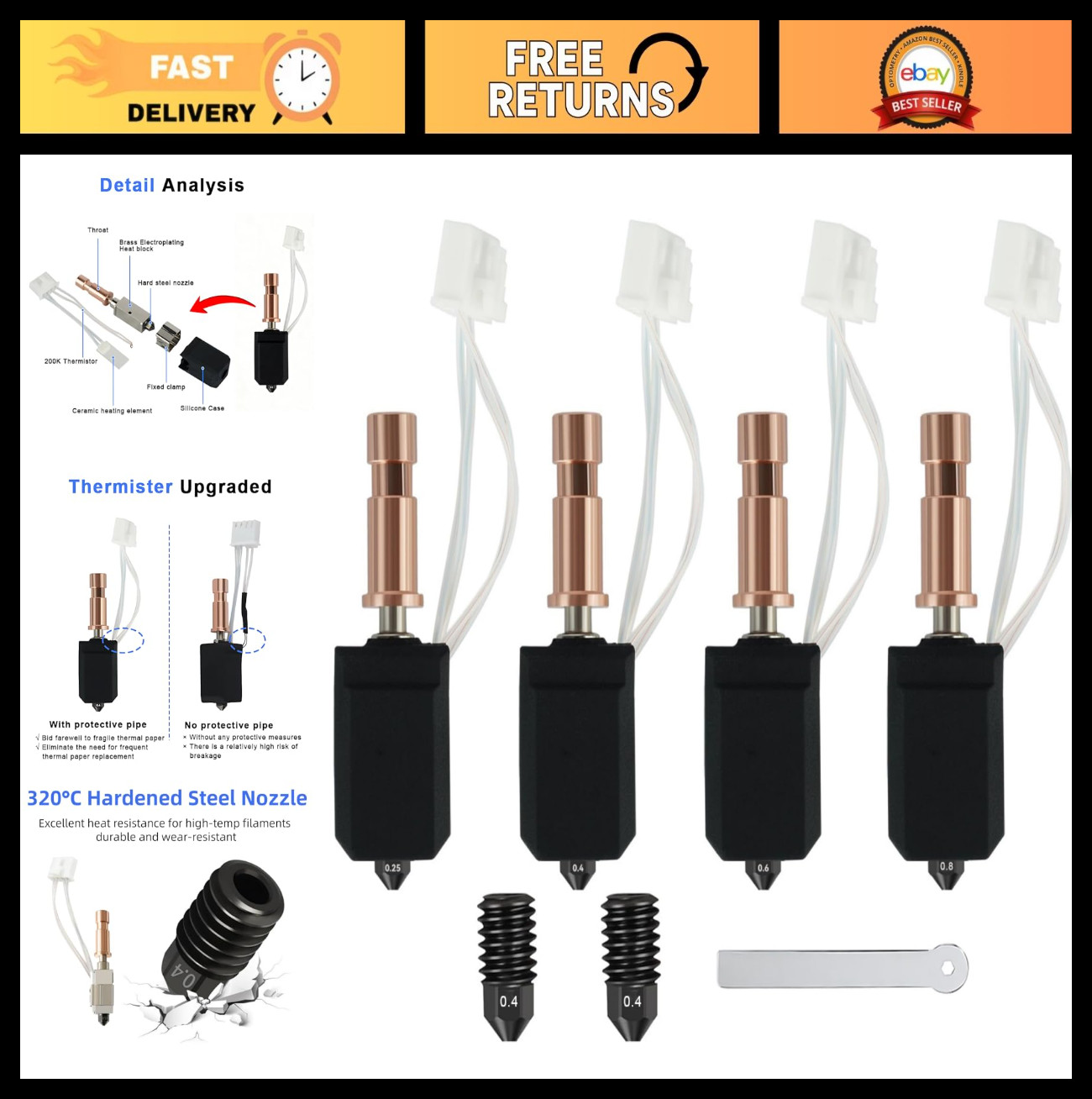 4 Pack Ceramic Hotend Kit - 0.25/0.4/0.6/0.8MM Nozzles, 2 Steel Nozzles, High Te