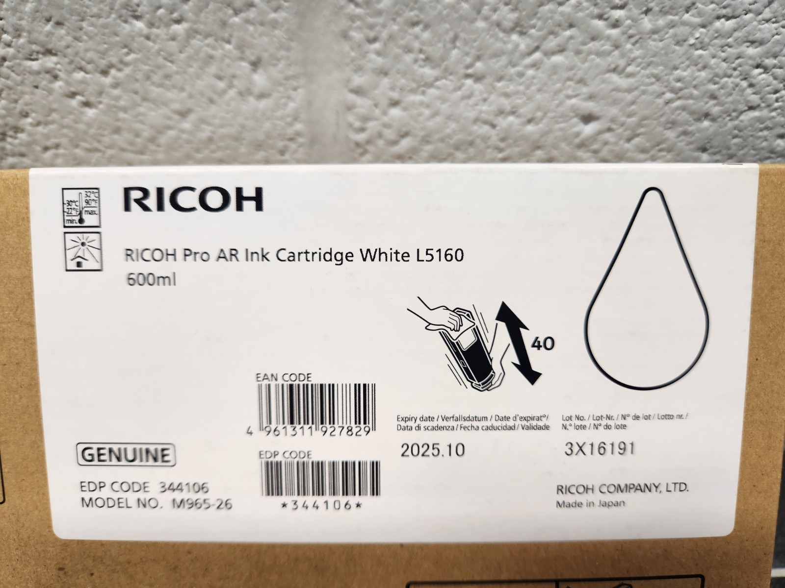 Genuine Ricoh L5160 Pro AR Ink Cartridge White 600ml M965-26 