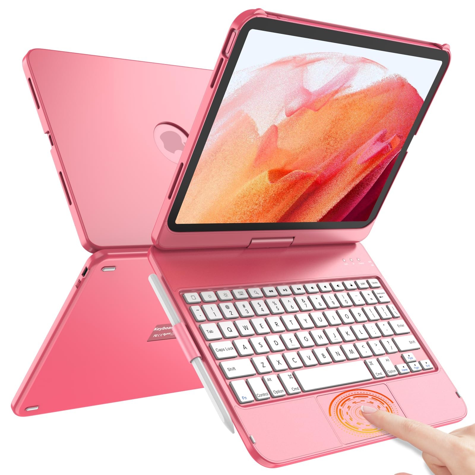TQQ Touch for iPad (A16) 11th Generation Case with Keyboard (11", Dark Pink 