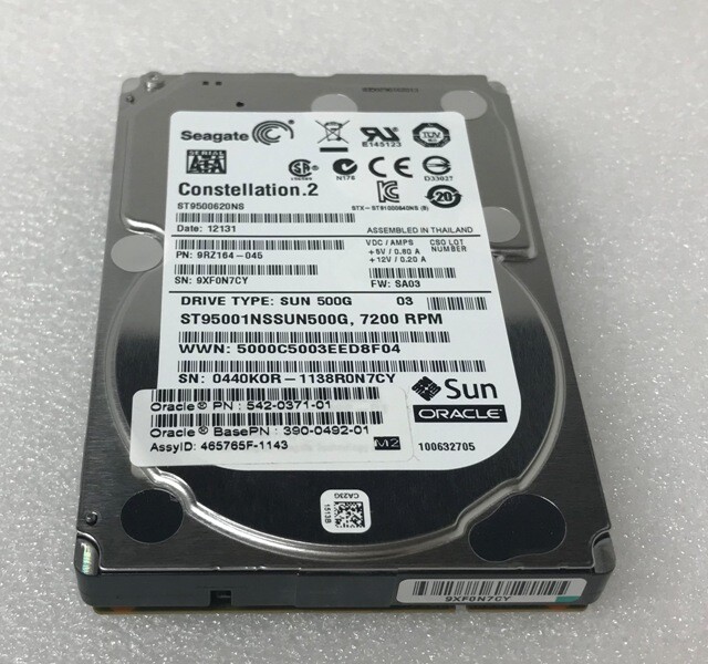 SUN ORACLE 542-0371-01 ST950001NSSUN500G 500GB 390-0492-01 7.2K 2.5" SATA HDD