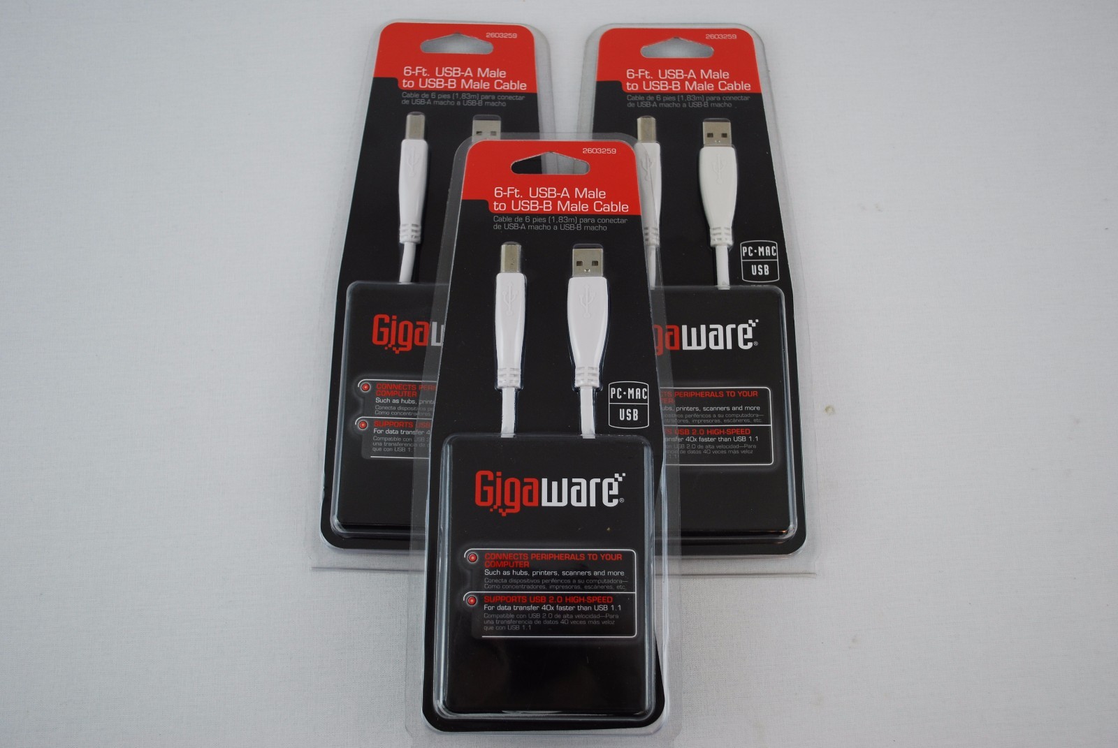 Lot of 3 New Gigaware, 6 Foot USB-A Male to Mini USB-B Male Cables White