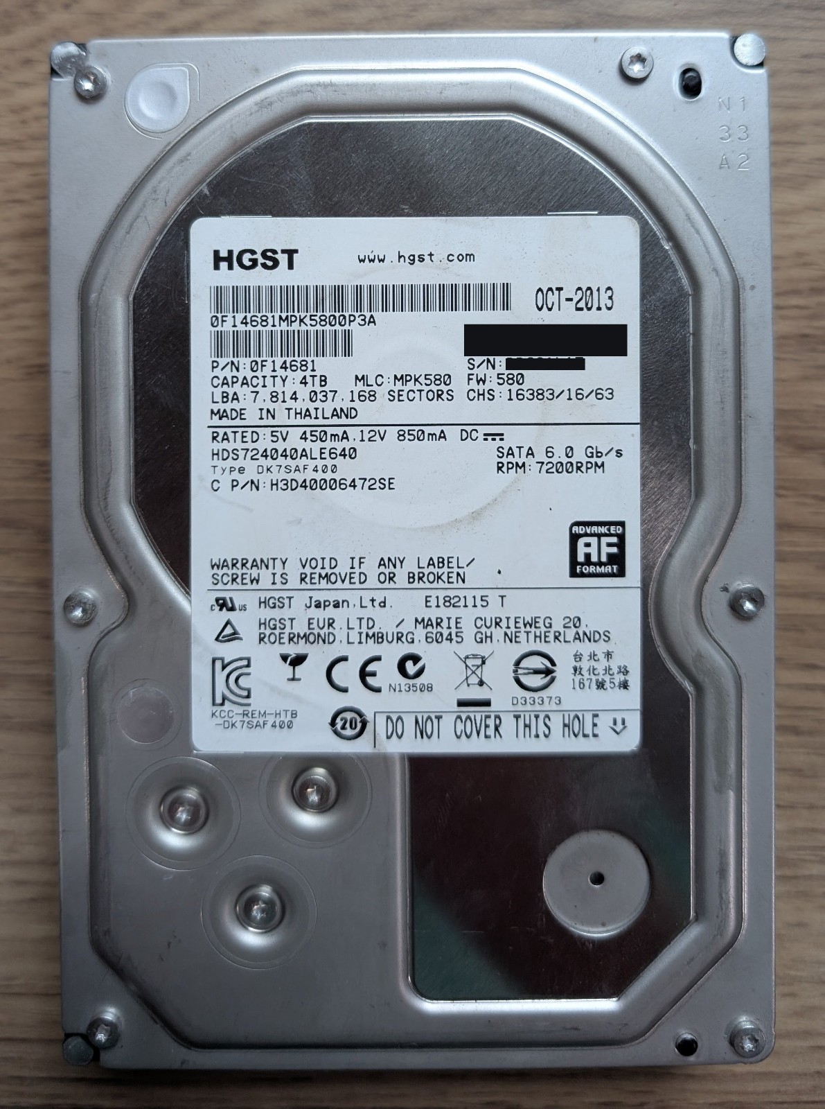 HGST Deskstar 7K4000 4TB HDS724040ALE640 7200 RPM 3.5 SATA Internal Hard Drive