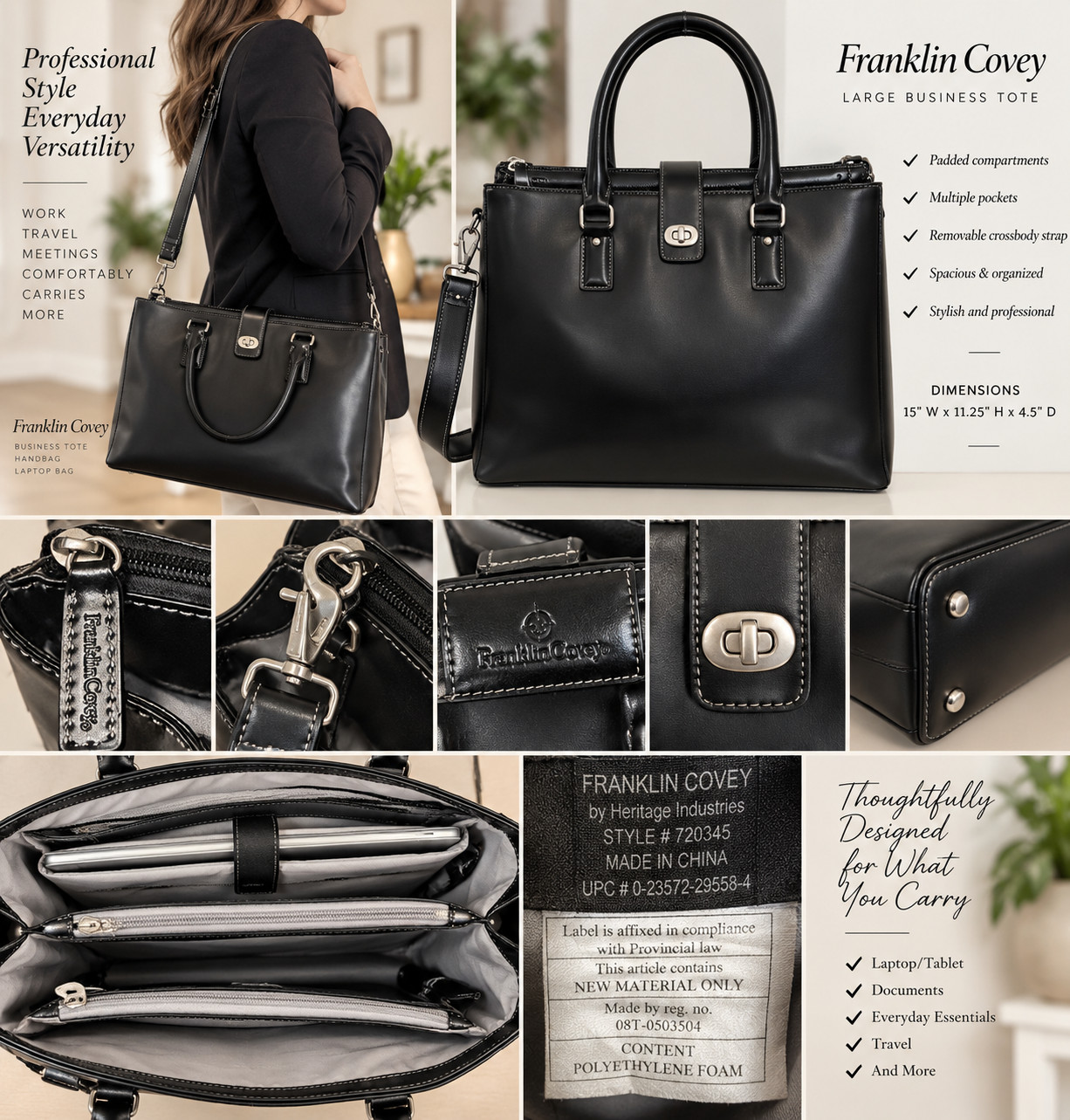 Franklin Covey Large Black Business Tote Laptop/Tablet Bag Crossbody 720345 NWOT