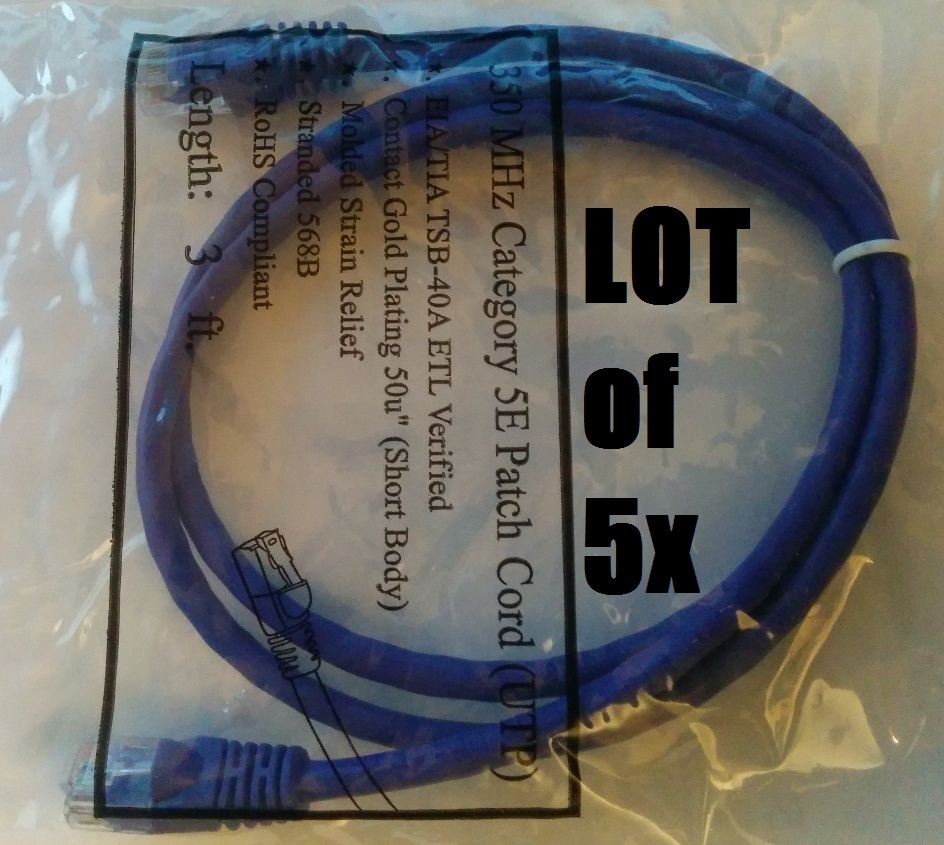 Lot of 5 3Ft Cat5E Gigabit GigE Ethernet LAN Network Cable Cord RJ-45 Short RJ45