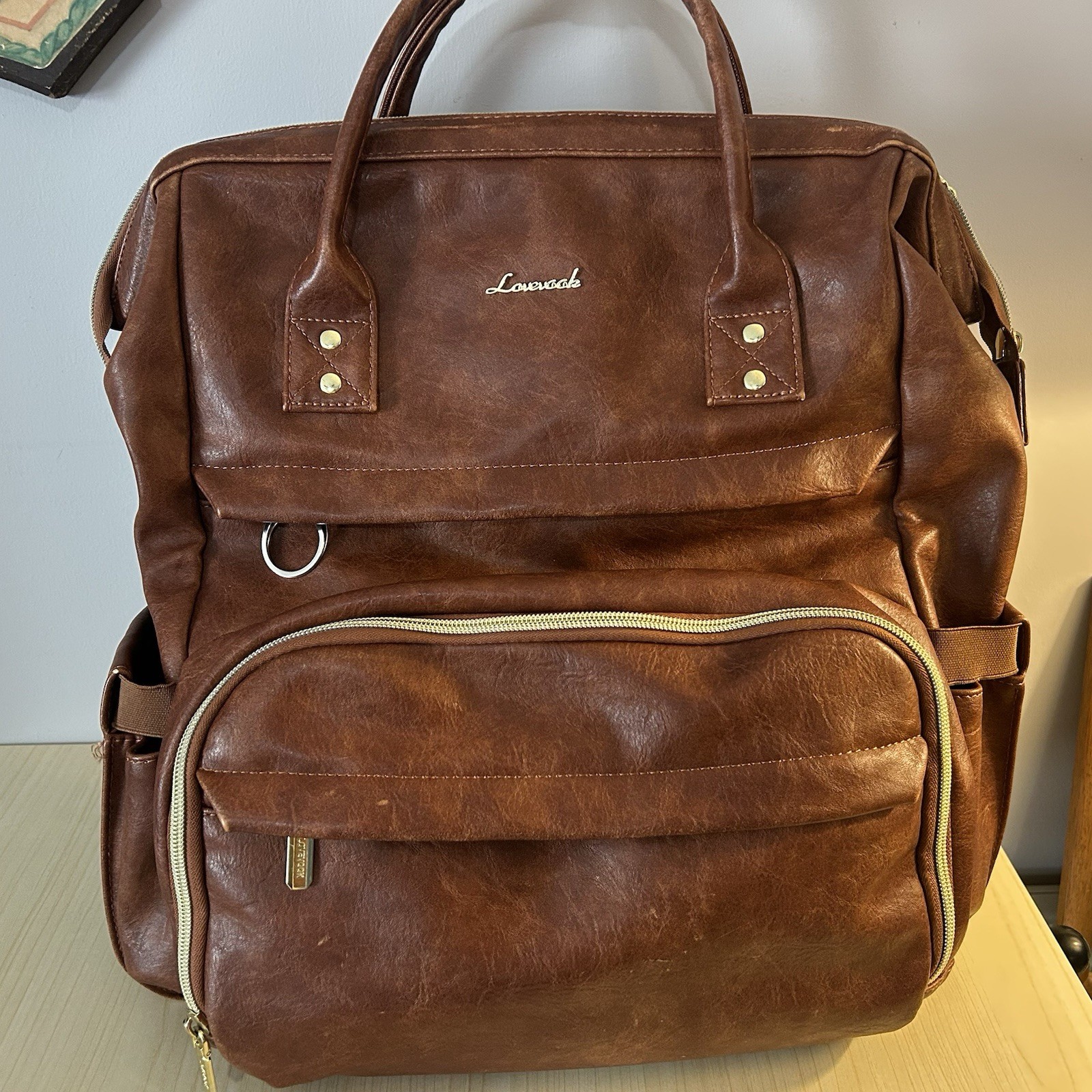 LOVEVOOK Laptop Backpack Large Faux Brown Leather Good Condition USB port 